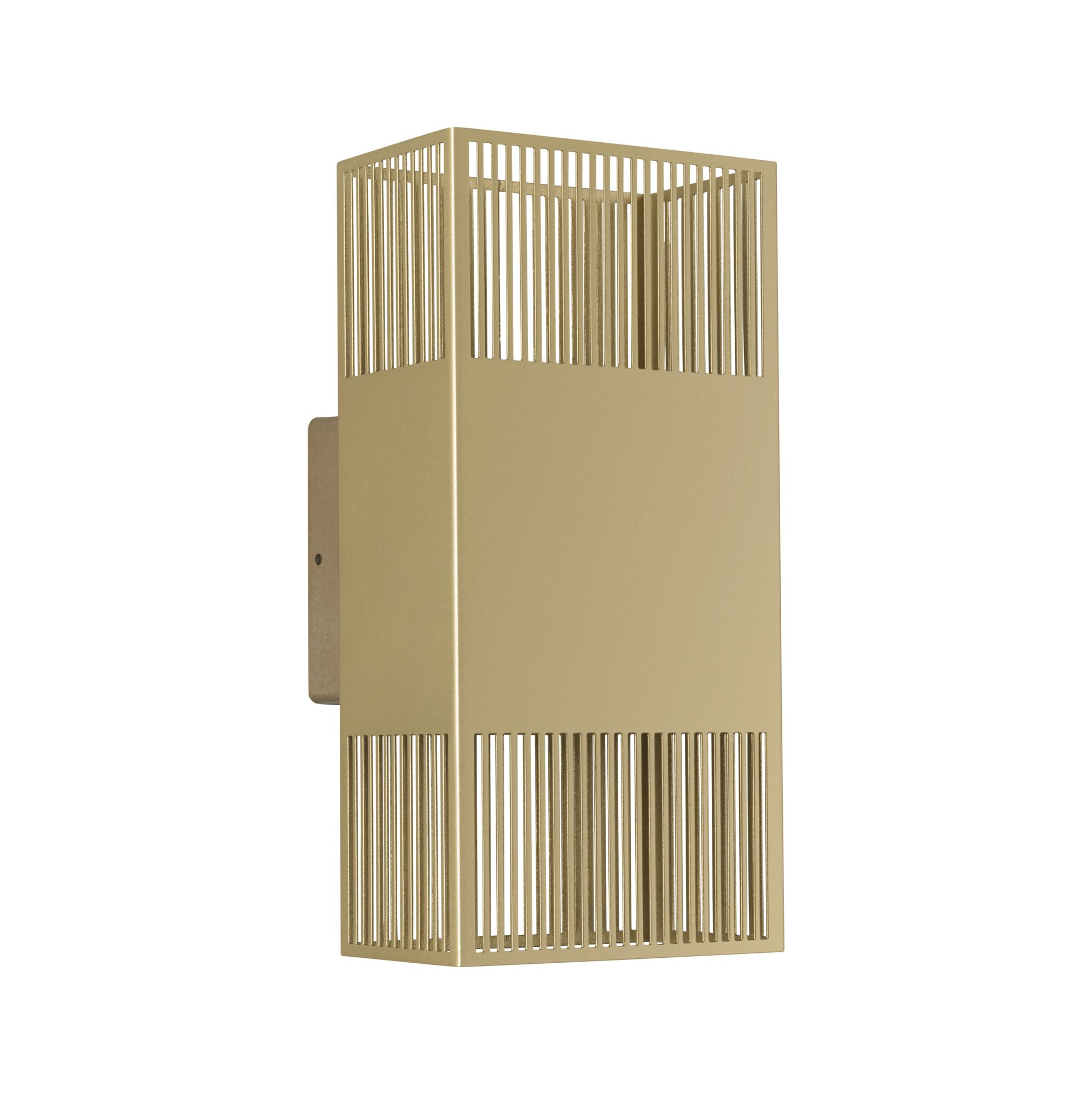Złota lampa ścienna z pionowymi żaluzjami i prostokątną obudową.