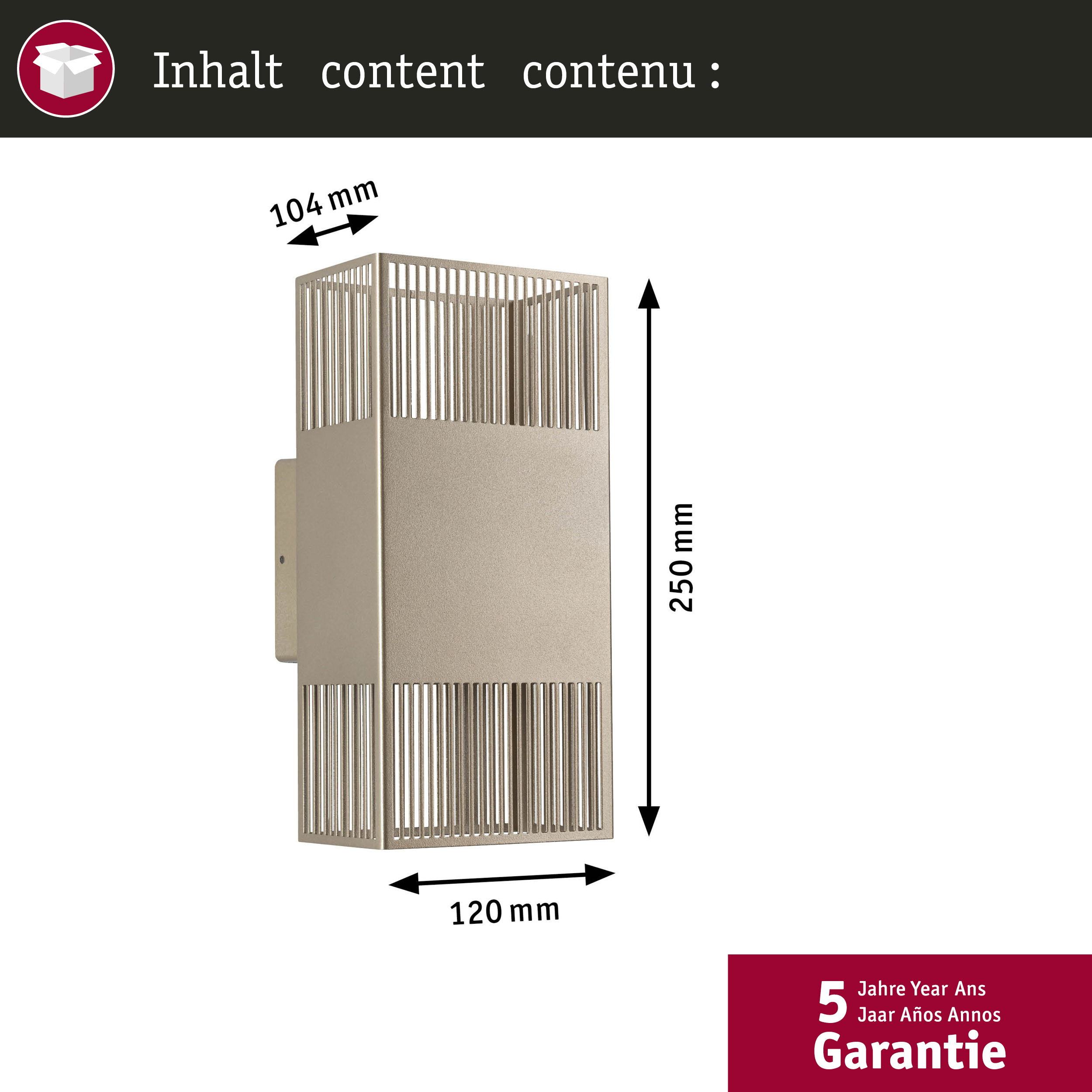 Złota lampa ścienna z pionowymi listwami i wymiarami.