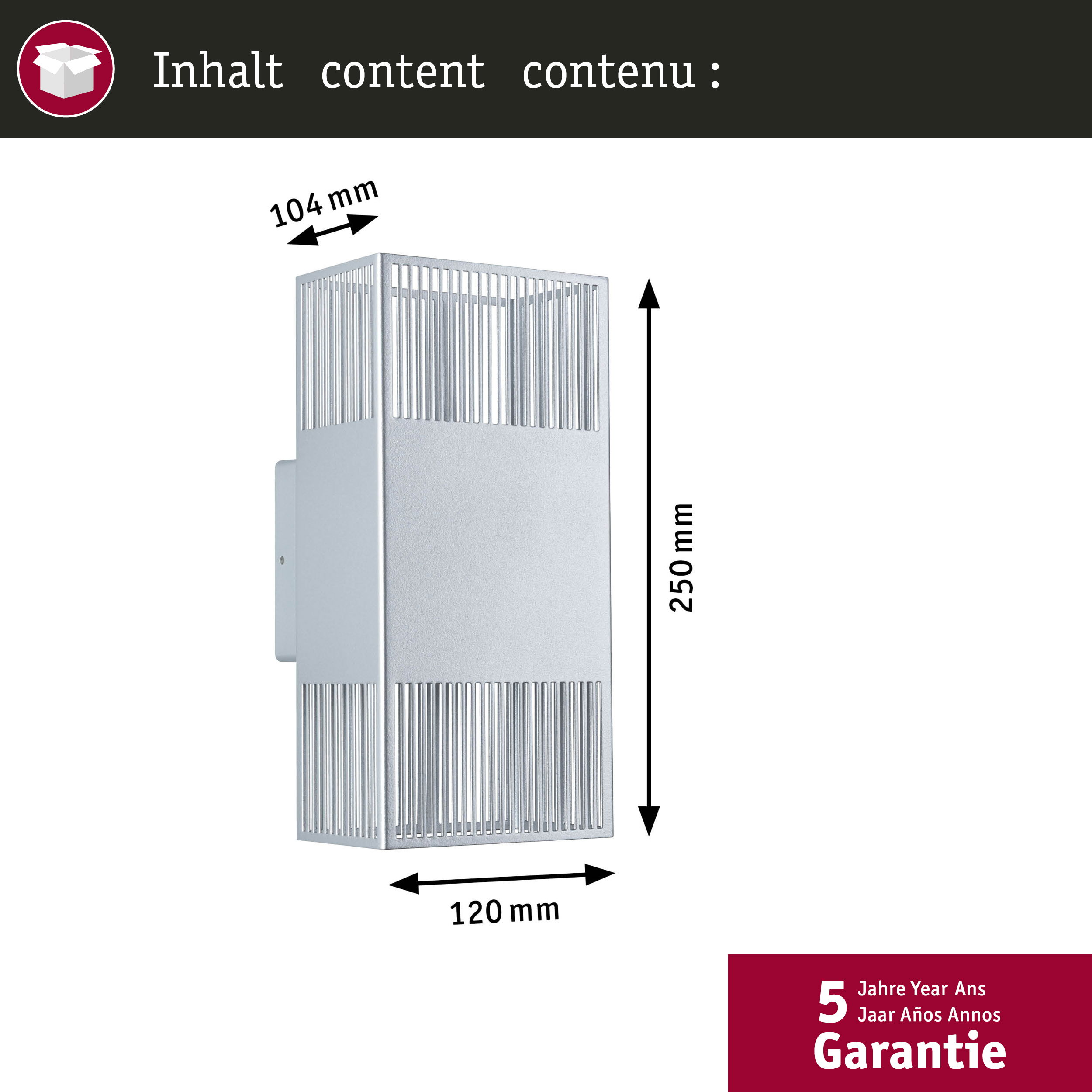 Srebrna lampa ścienna z pionowymi prętami, 104x120x250mm.