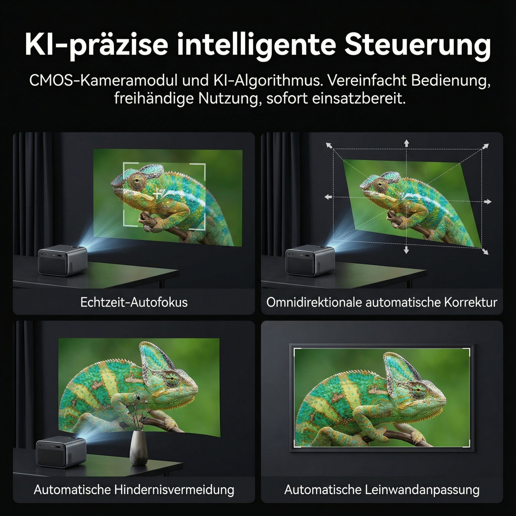 Ein Projektor zeigt ein Chamäleon. KI-gesteuerte Funktionen werden gezeigt.