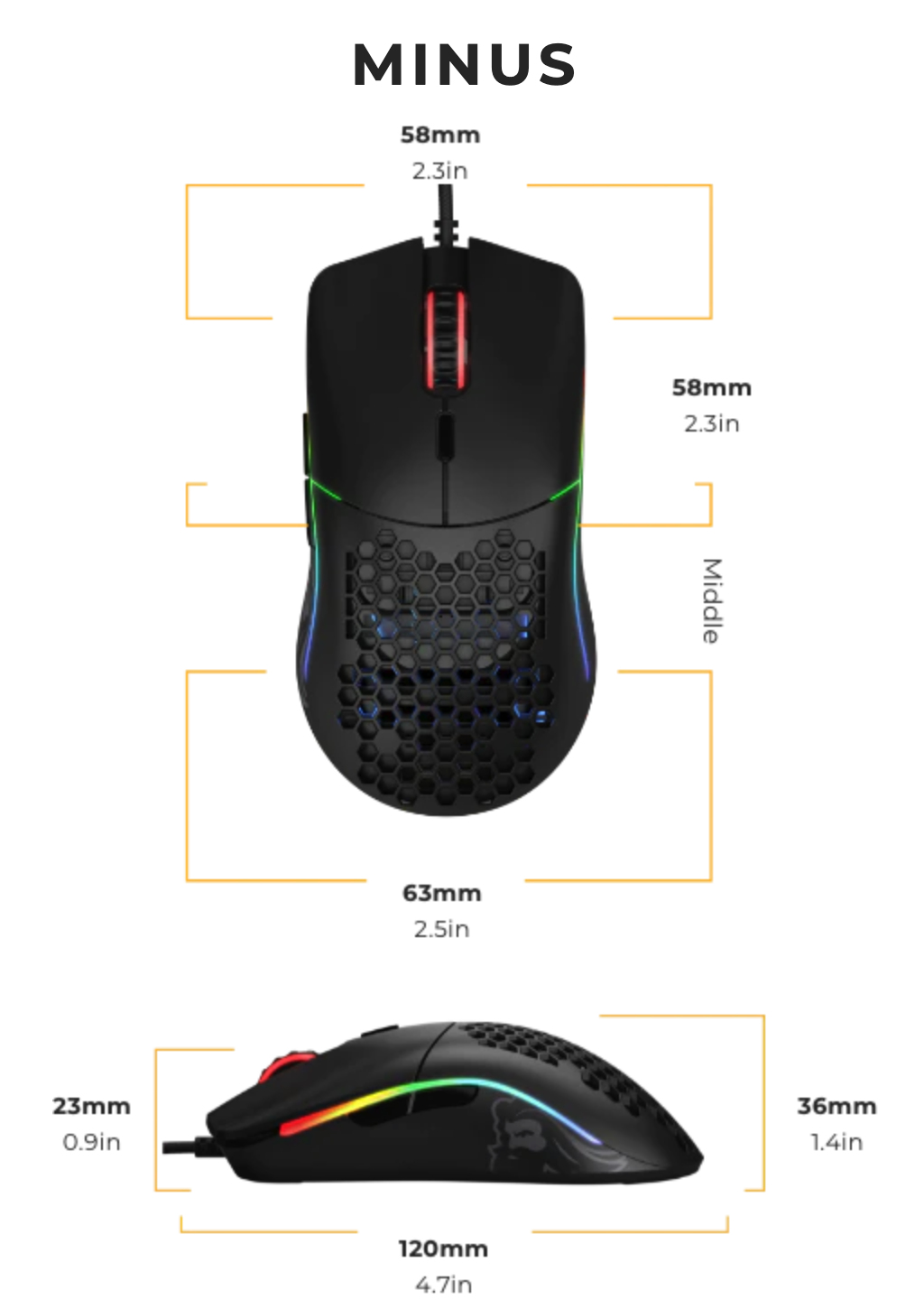 Siyah petek desenli RGB aydınlatmalı oyuncu faresi, boyutları gösteriliyor.