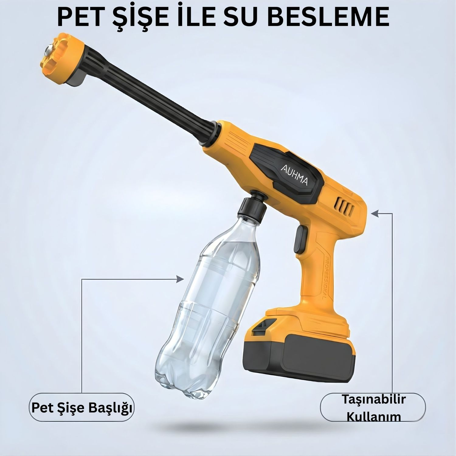 Sarı sprey tabancası, PET şişe aparatı ve batarya ile.