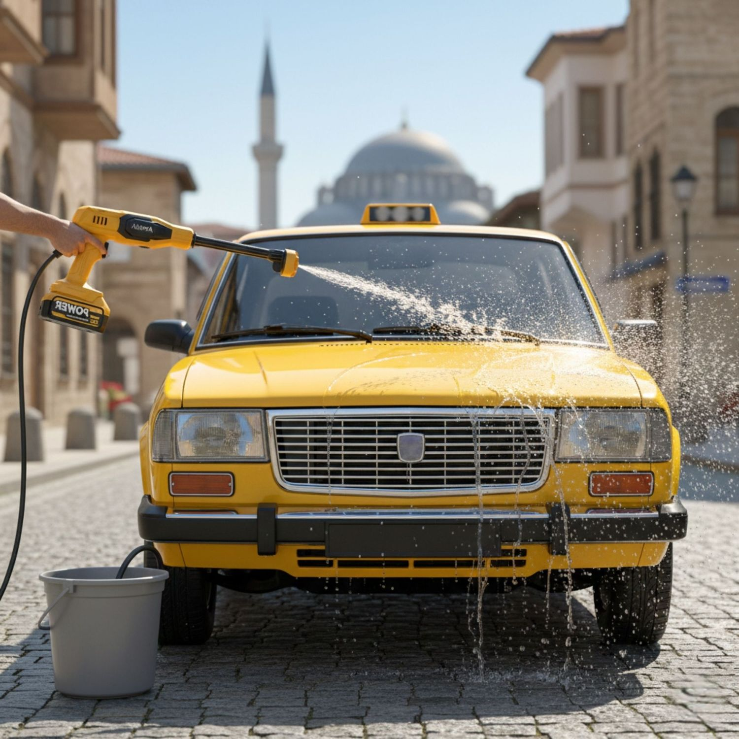 Sarı taksi basınçlı yıkayıcıyla yıkanıyor, su sıçrıyor.