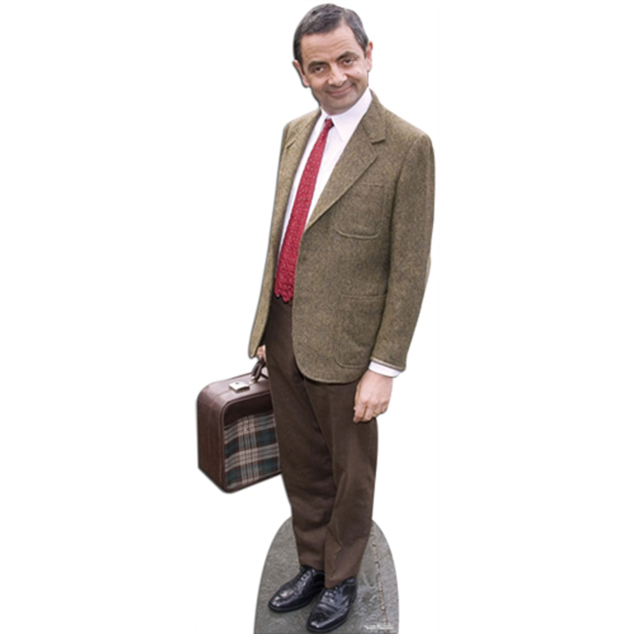 Ein Mann in Tweed-Jackett, Krawatte und brauner Hose mit Koffer.