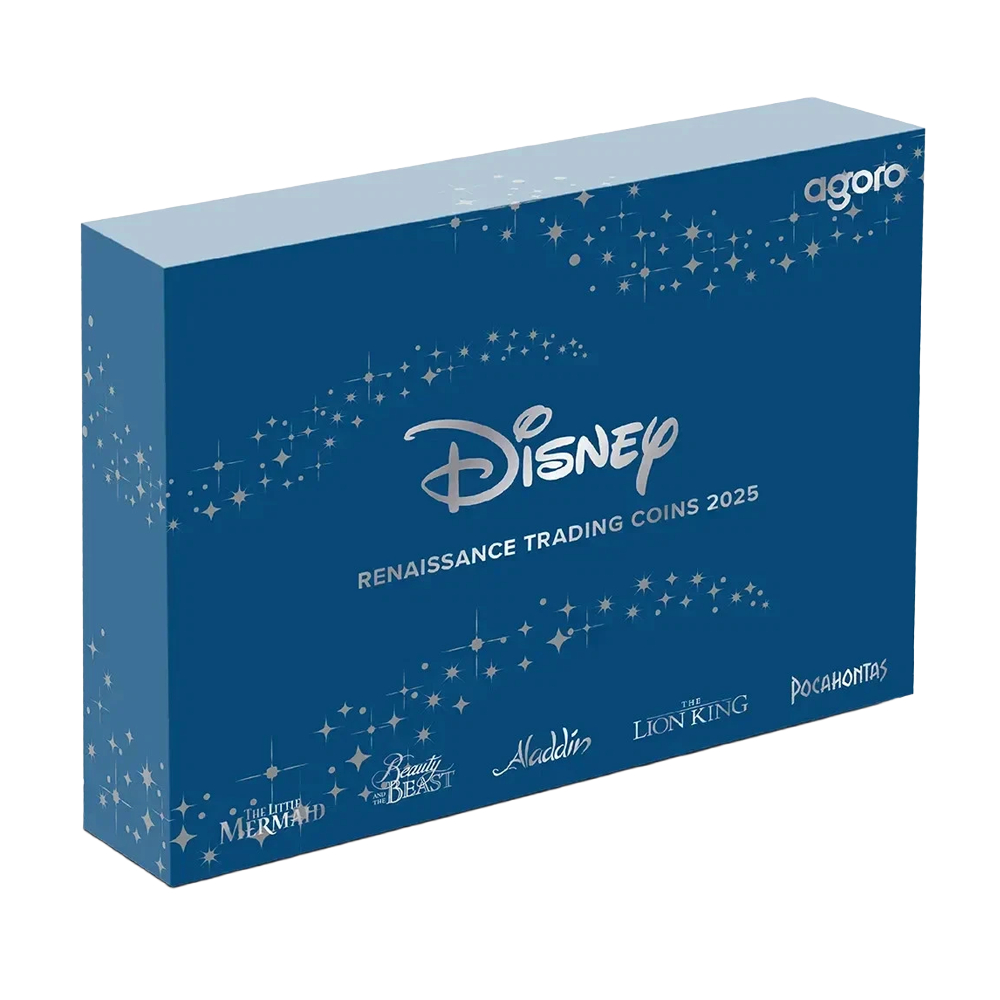 Eine blaue Box mit Disney Renaissance Trading Coins 2025 und Filmtiteln.