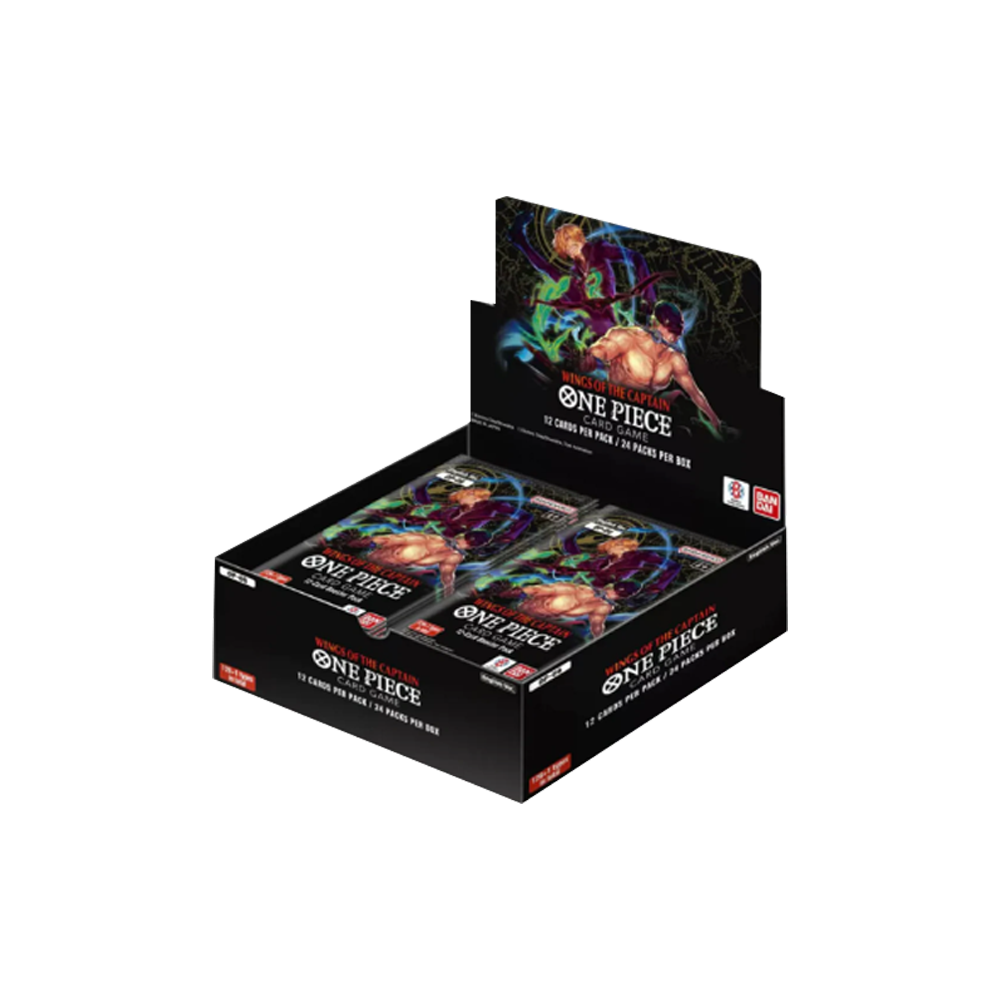 Eine Box mit One Piece Sammelkarten, mit Artwork von Charakteren.