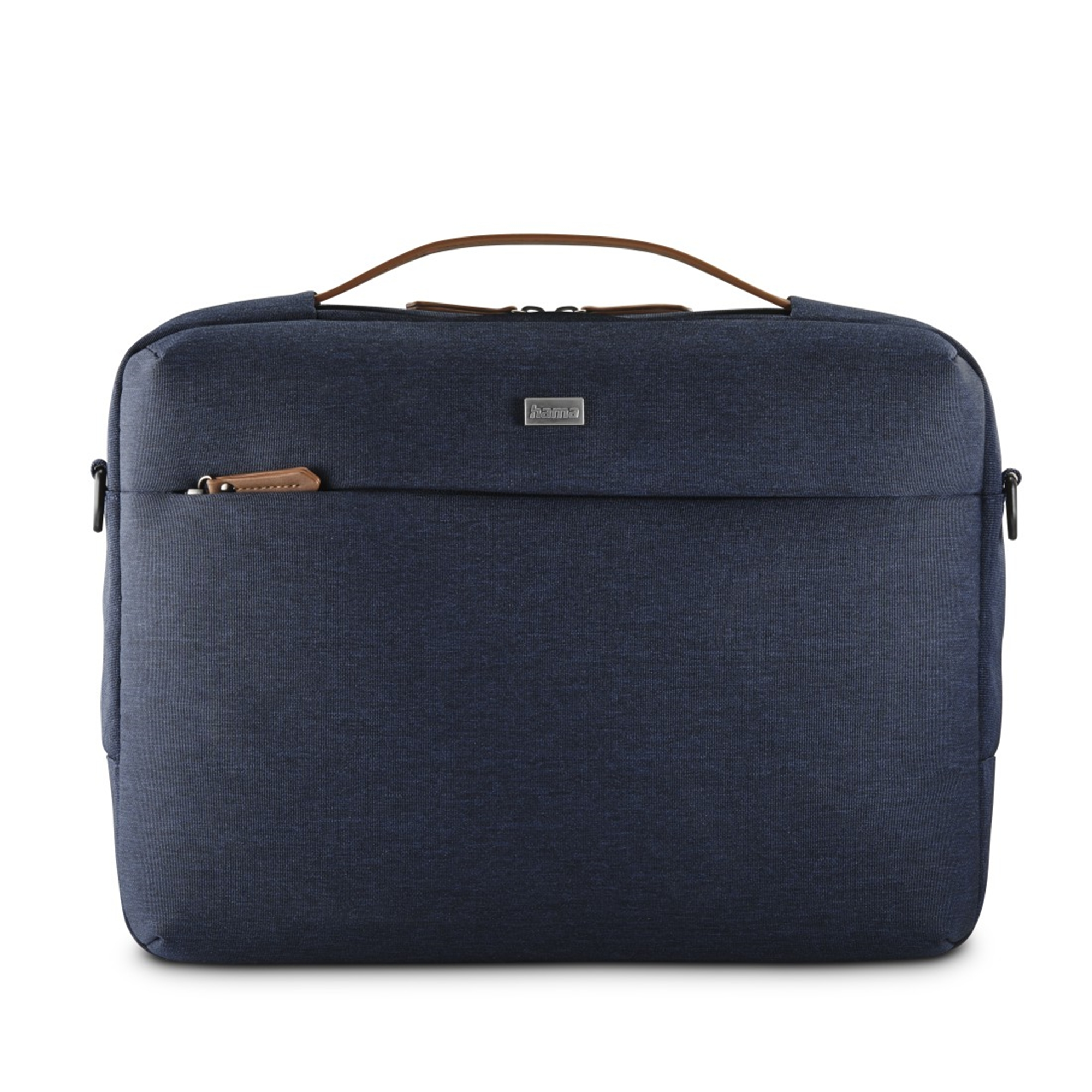Borsa blu scuro per laptop con dettagli in pelle marrone e logo Hama.