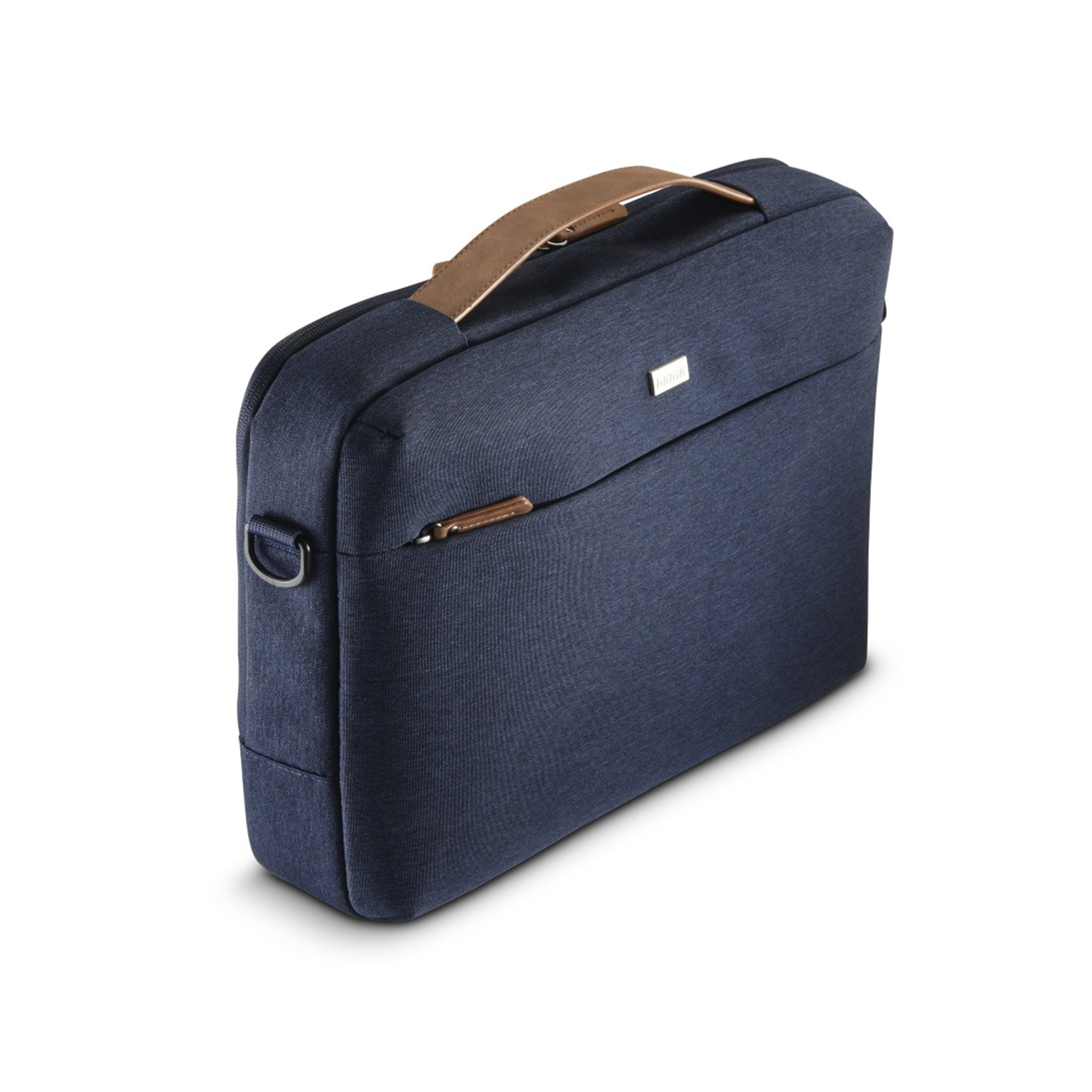 Borsa blu scuro per laptop con manico marrone e tasca con zip.