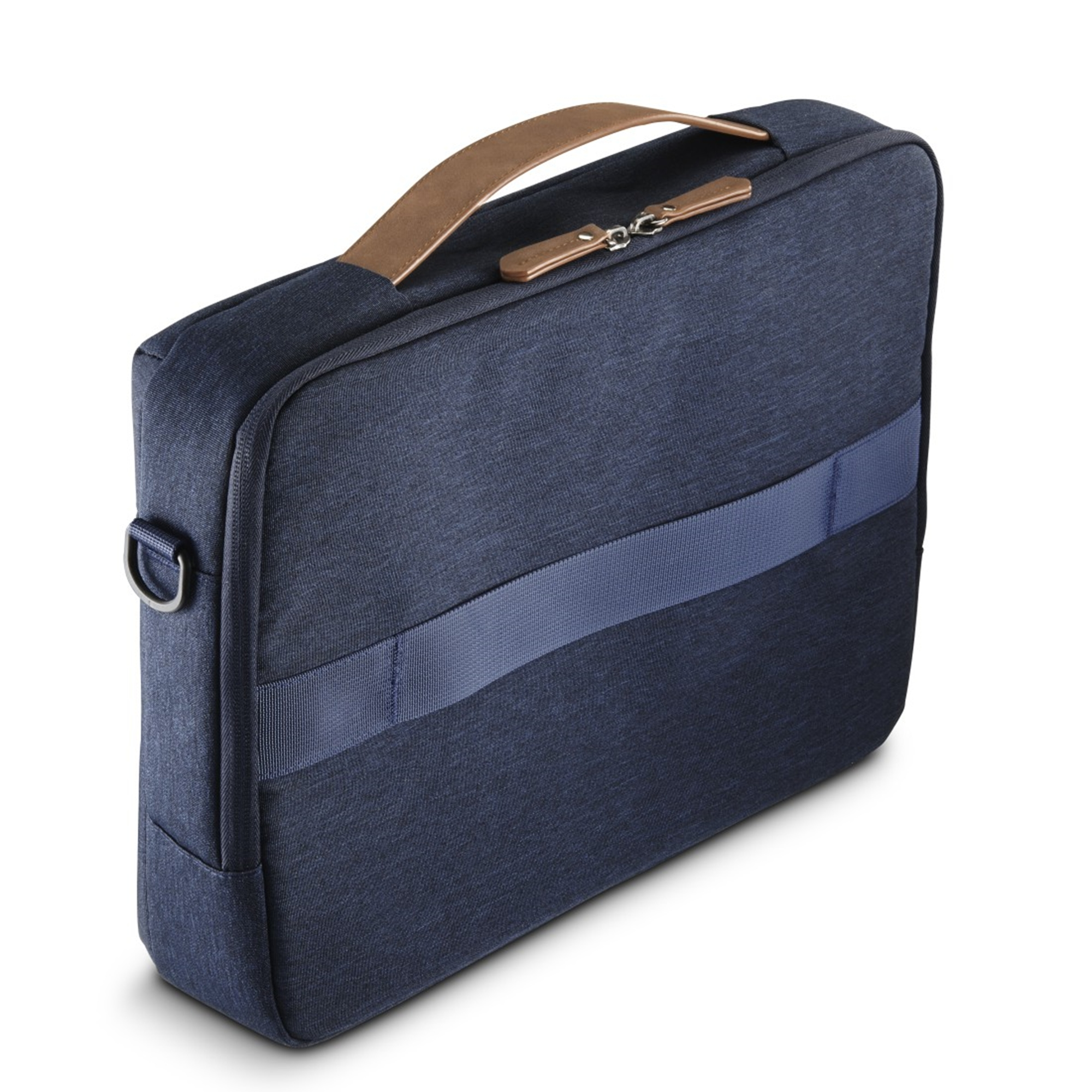 Una valigetta blu scuro con manico in pelle marrone e chiusura a zip.
