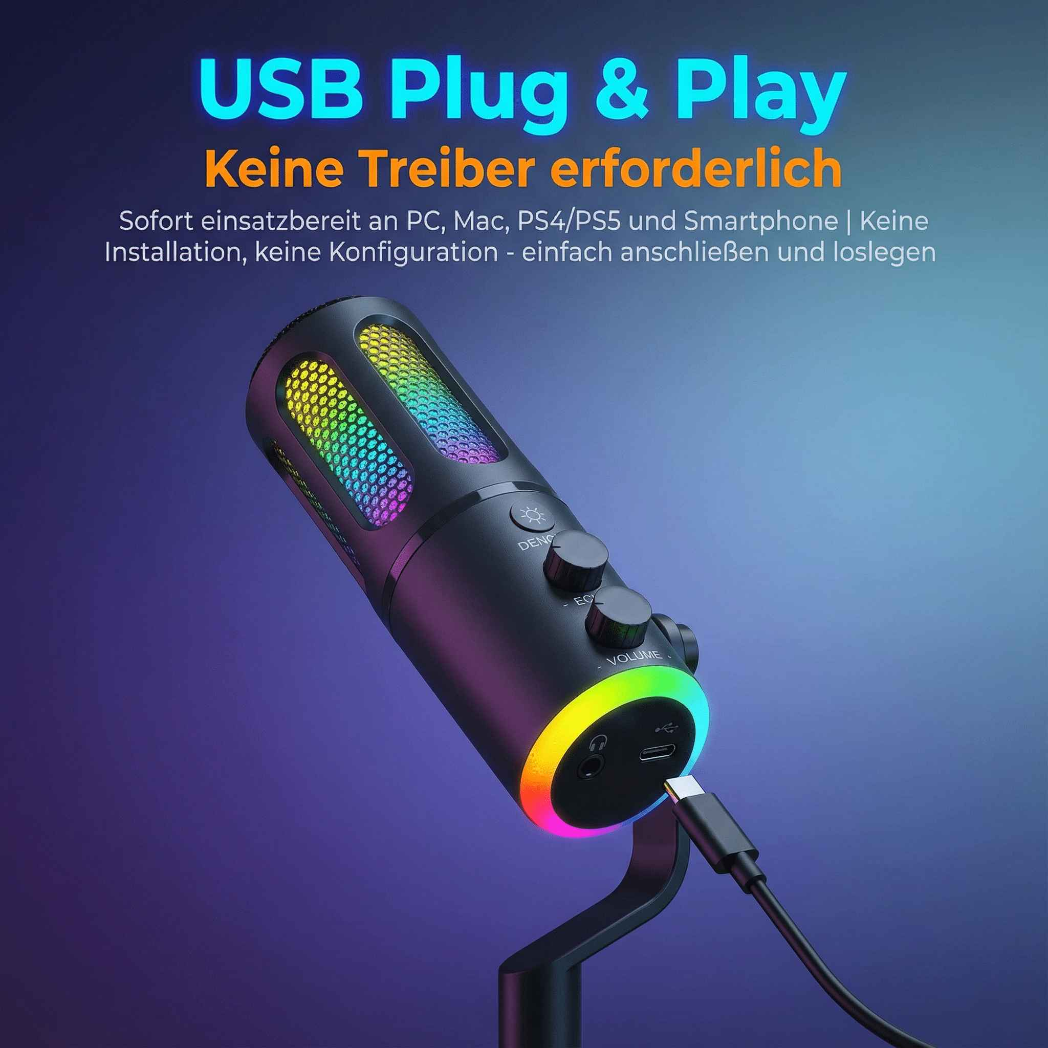 Schwarzes Mikrofon mit RGB-Beleuchtung, USB-C-Anschluss, wird an ein Kabel angeschlossen.