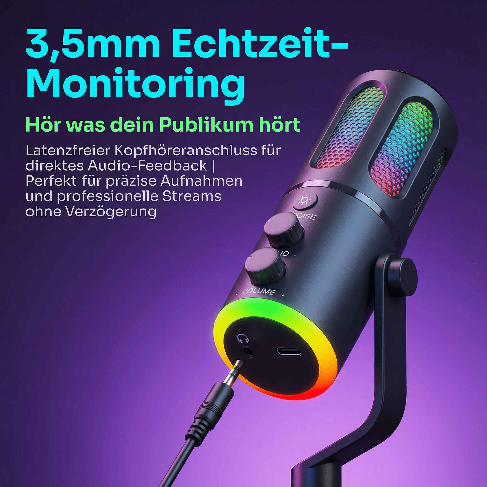 Ein schwarzes Mikrofon mit RGB-Beleuchtung und Reglern steht auf einem Ständer.