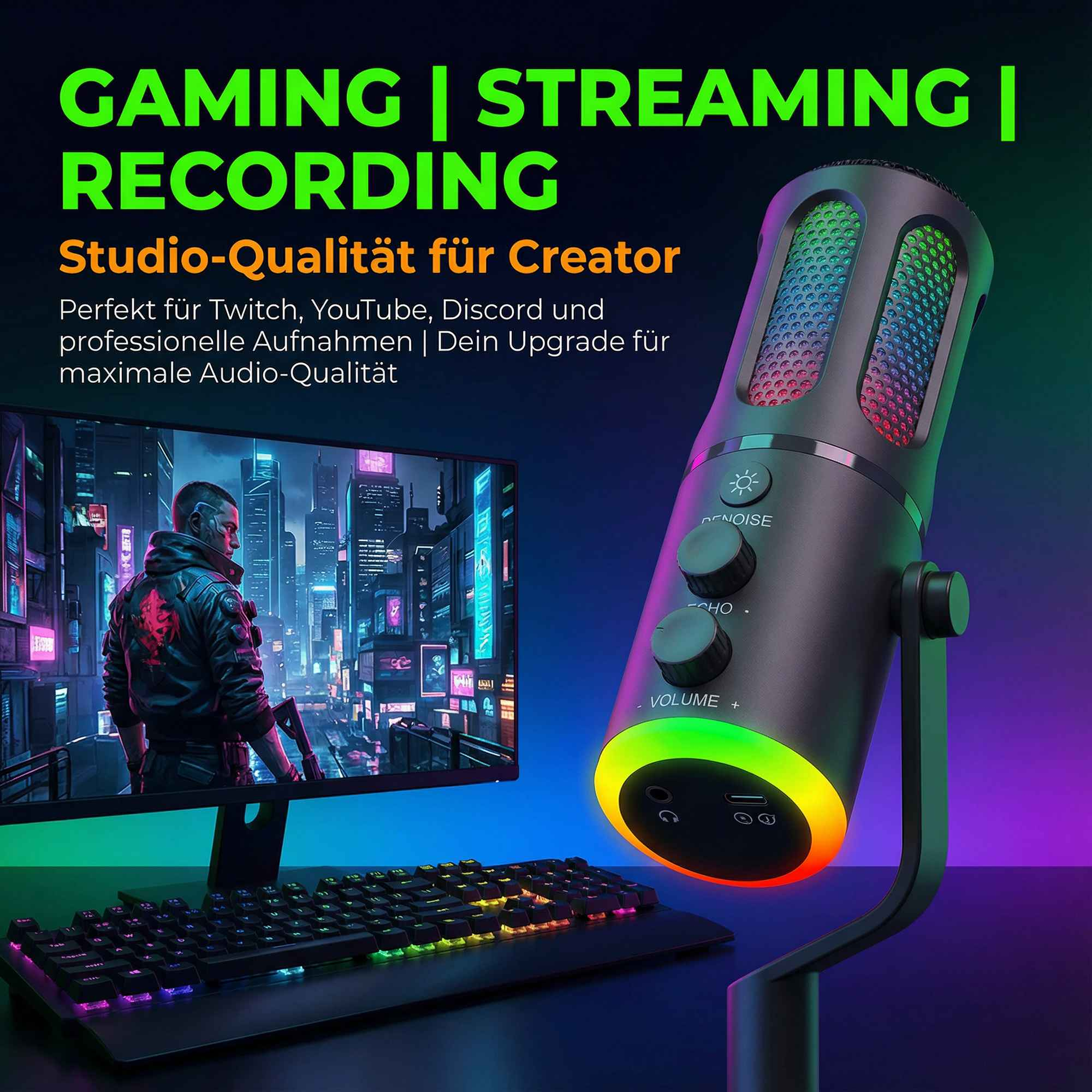 Ein Gaming-Mikrofon mit RGB-Beleuchtung, neben einem beleuchteten Keyboard und einem Monitor.