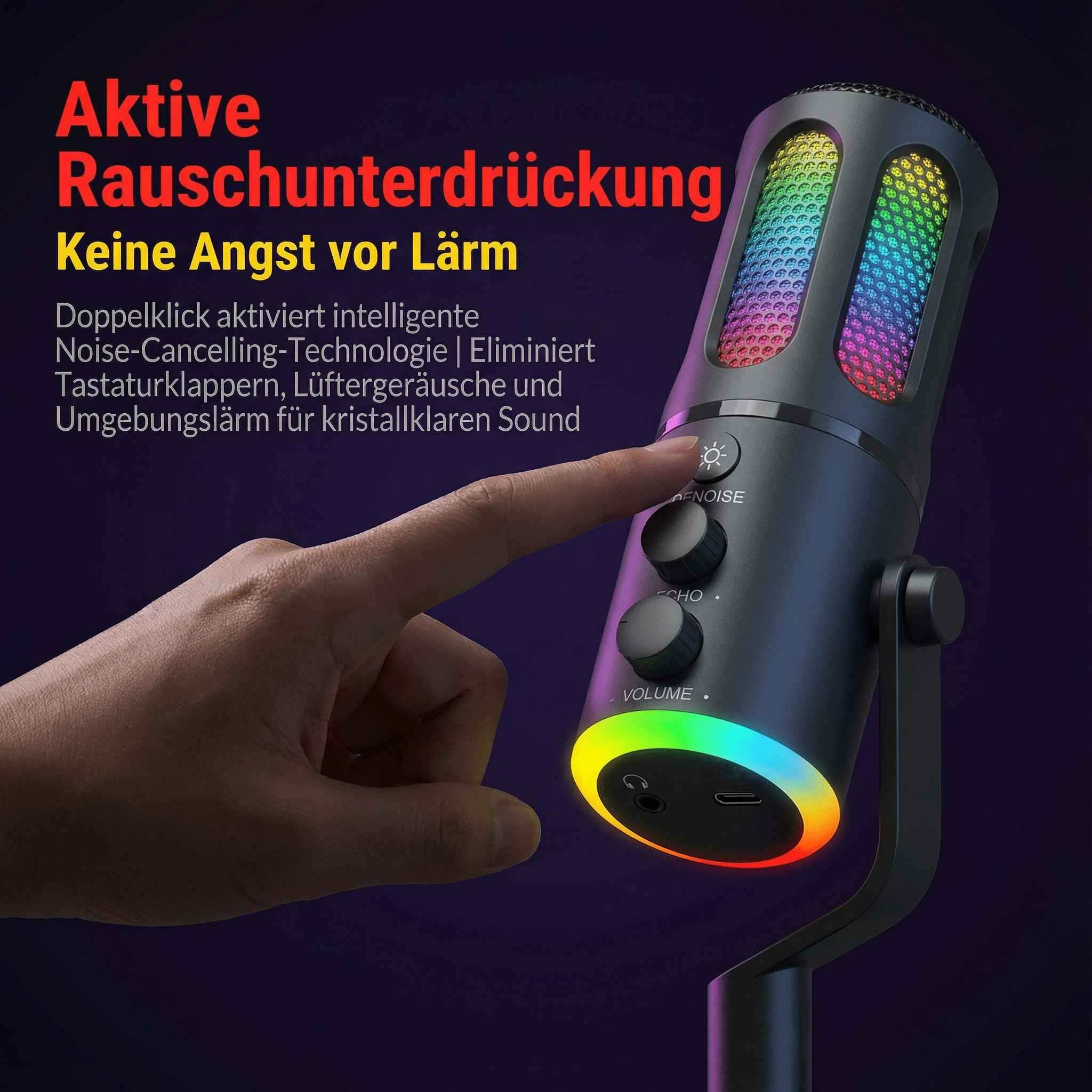 Ein Finger drückt auf einen Mikrofon-Button. Das Mikrofon hat bunte Lichter.