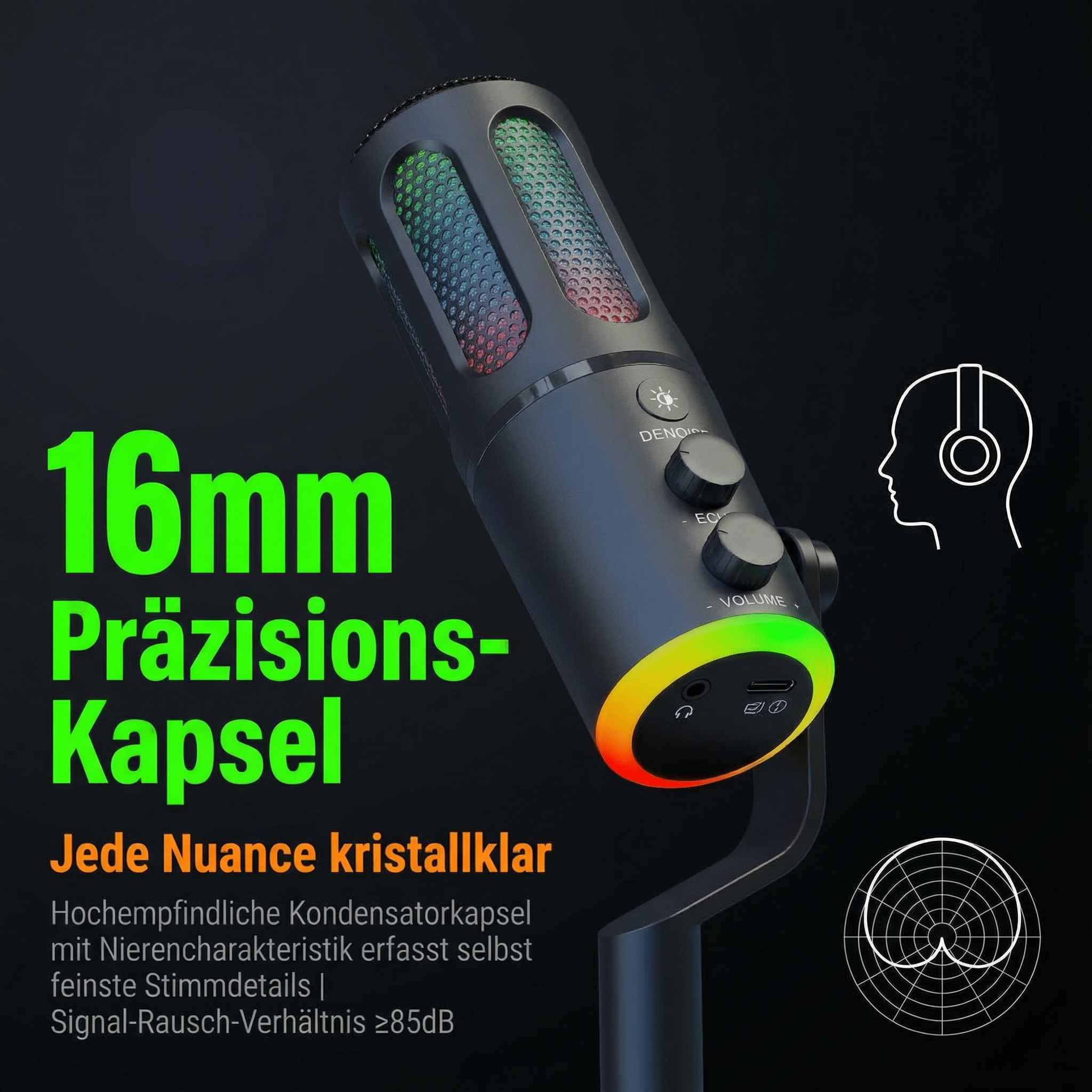 Ein Kondensatormikrofon mit RGB-Beleuchtung und Bedienelementen.