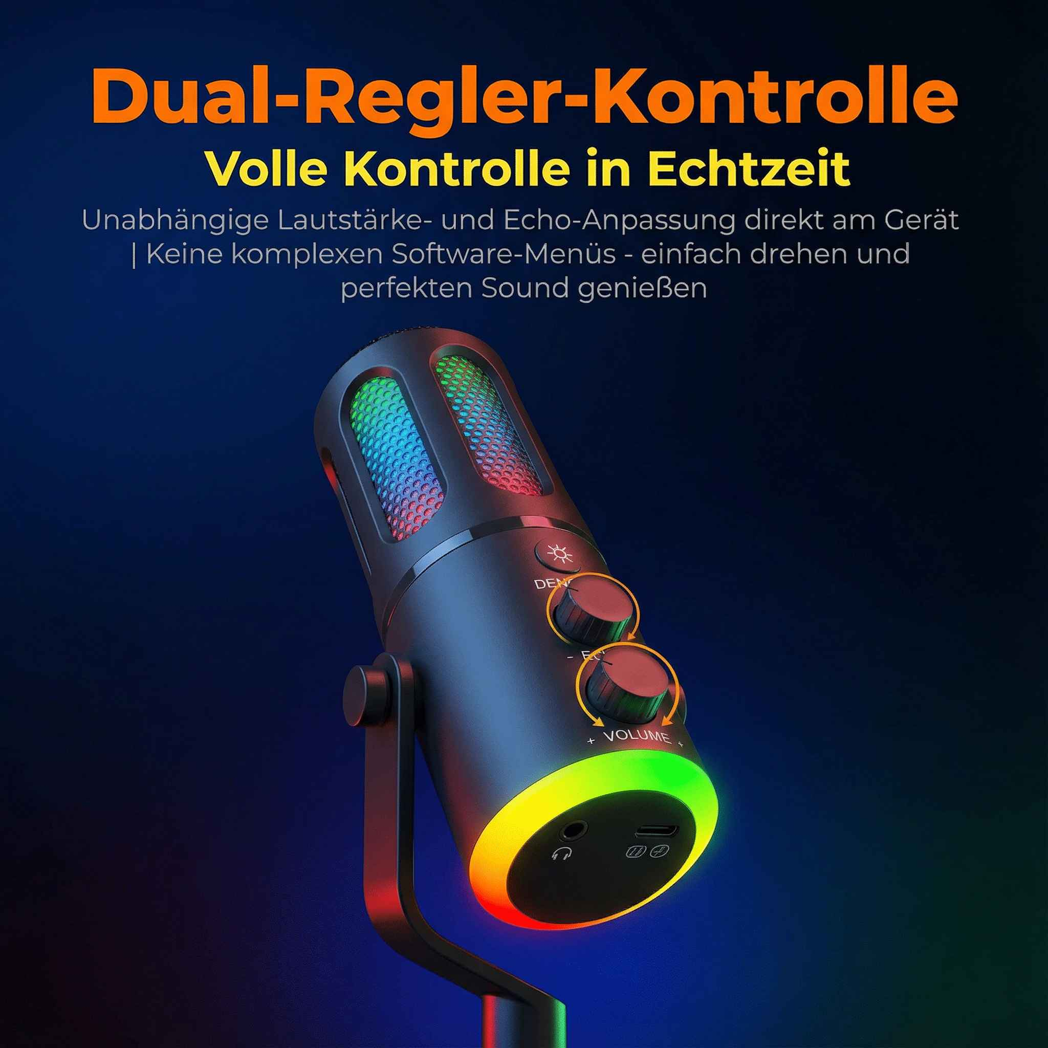 Ein Mikrofon mit RGB-Beleuchtung und Reglern, dunkler Hintergrund.