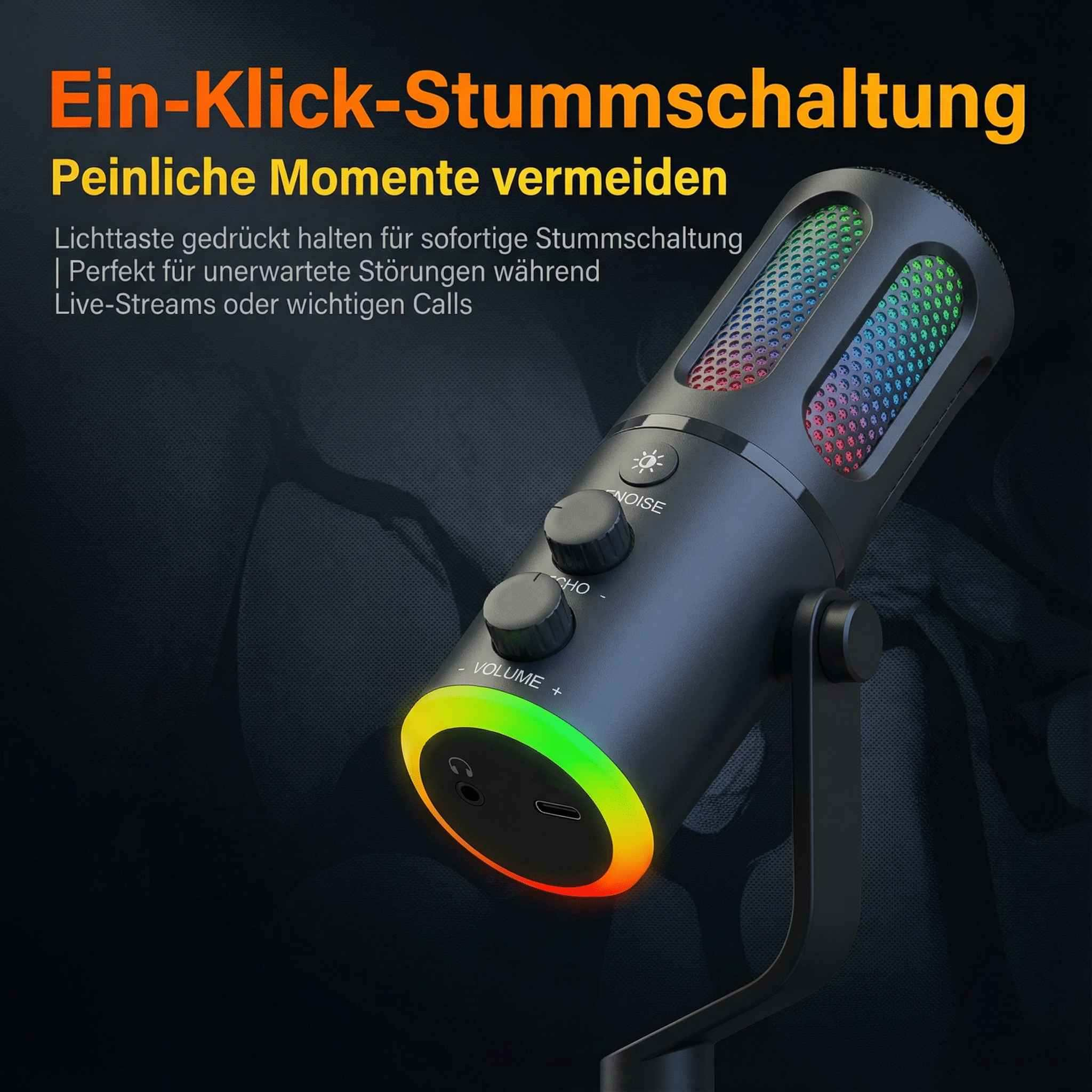 Ein schwarzes Mikrofon mit bunten Lichtern, Knöpfen und Text.