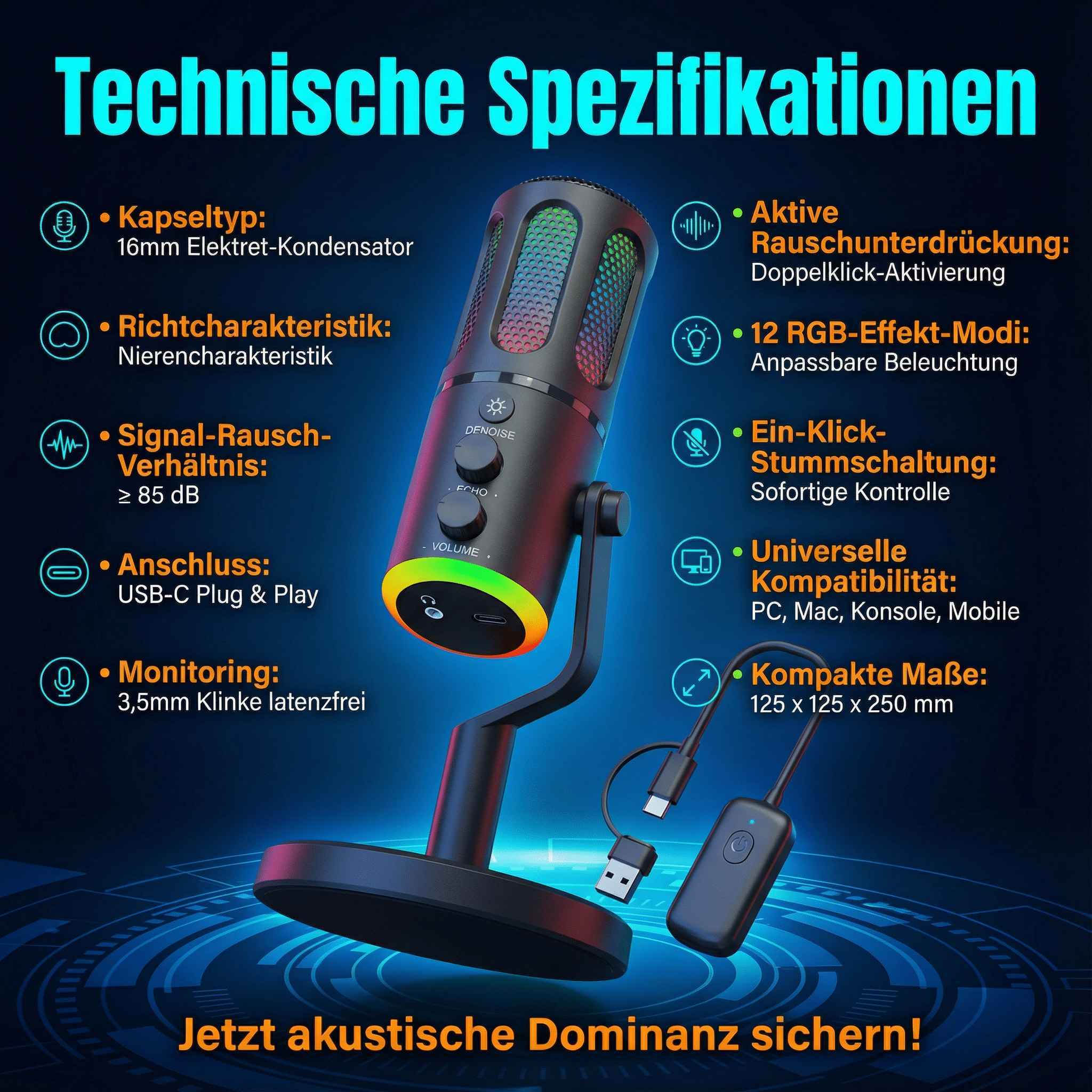 Ein Mikrofon mit technischen Spezifikationen, RGB-Beleuchtung und Zubehör.