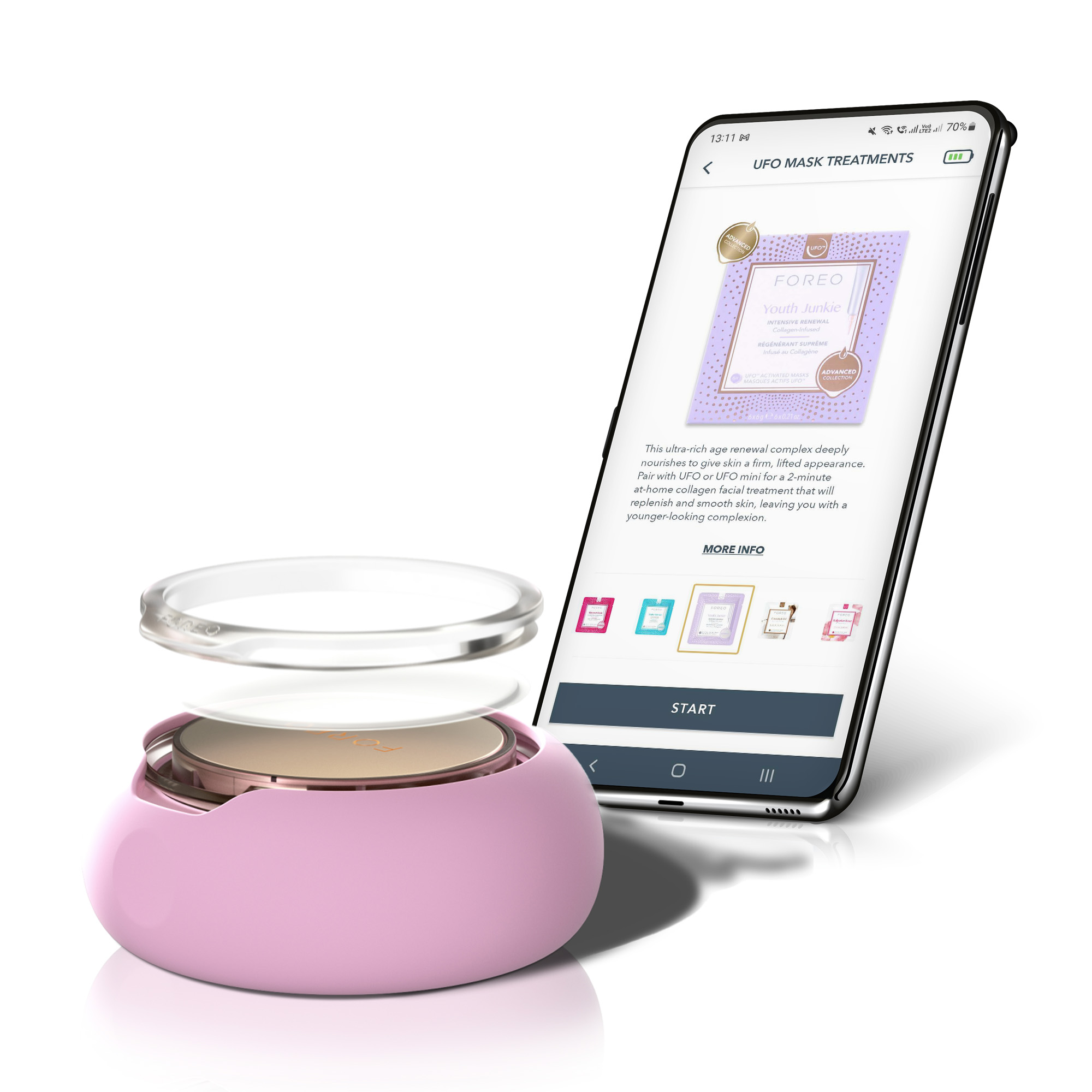 Un dispositivo rosa con una maschera e uno smartphone che mostra un'app per maschere.