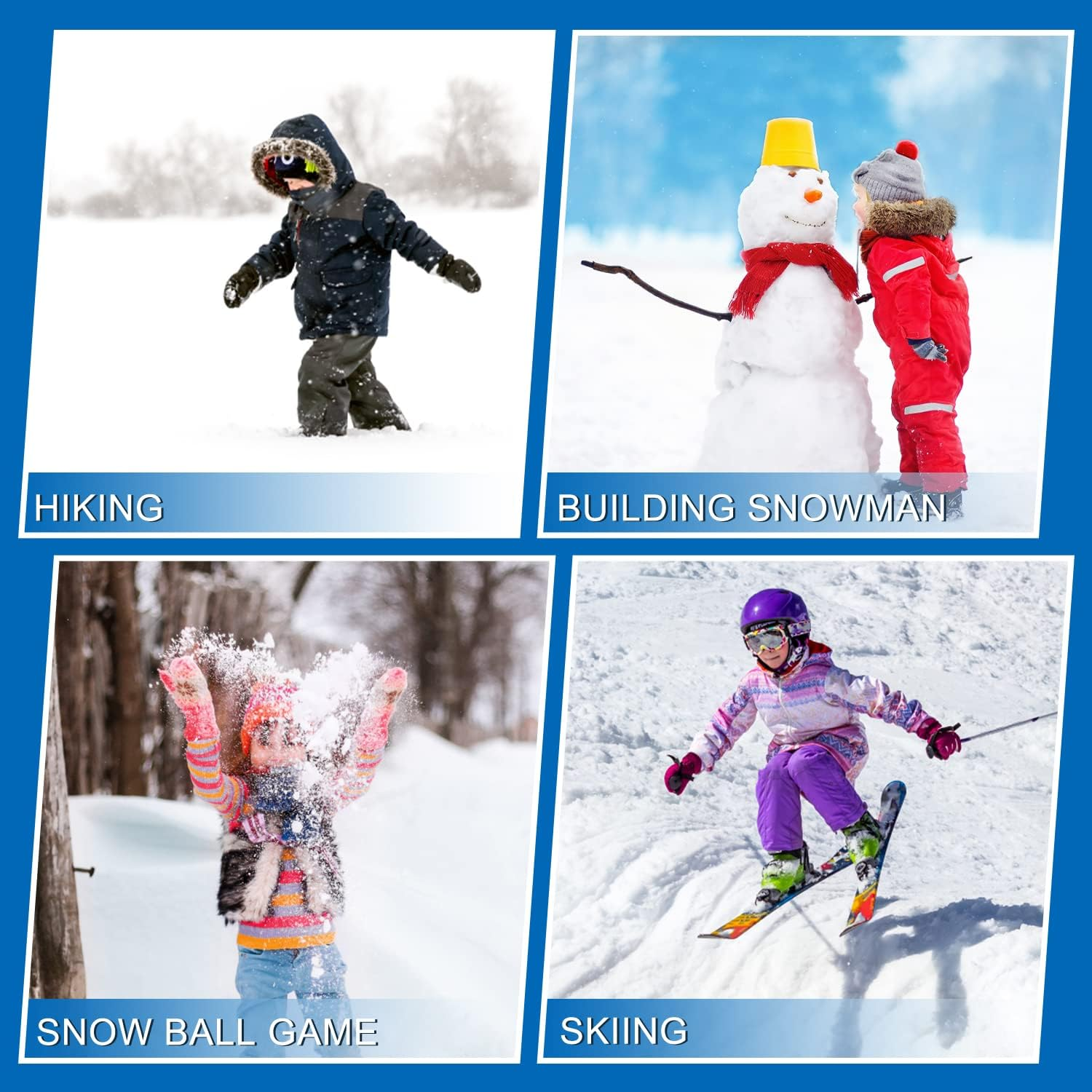 Vier Winterszenen: Kind beim Wandern, Schneemann bauen, Schneeballschlacht, Skifahren.