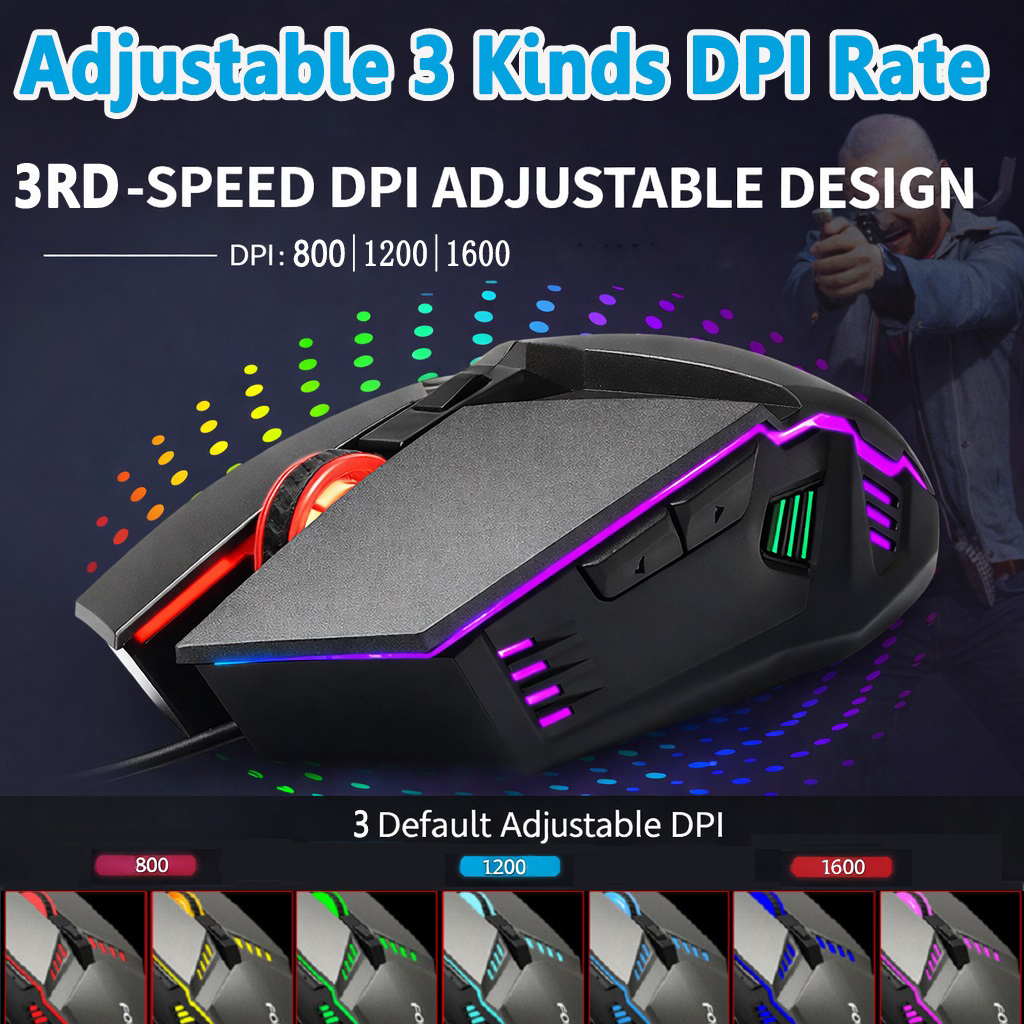 Mouse da gaming nero con illuminazione RGB e DPI regolabile.