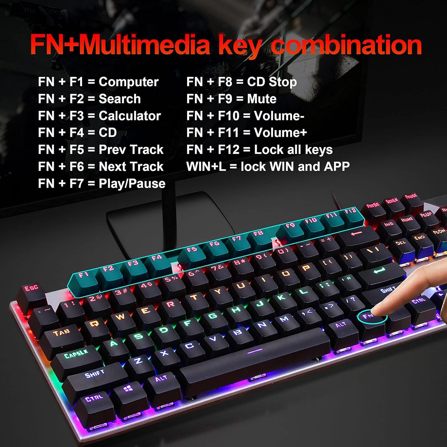 Una tastiera con illuminazione RGB e combinazioni di tasti FN stampate.