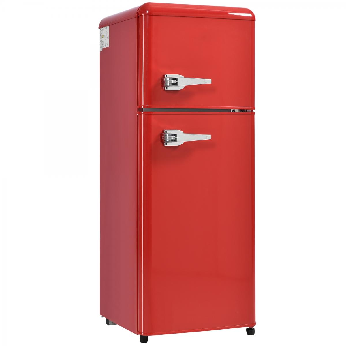 Ein roter Kühlschrank mit zwei Türen und silbernen Griffen.