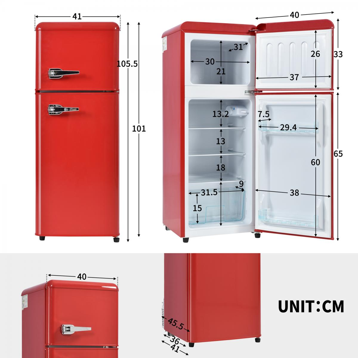 Roter Retro-Kühlschrank mit Maßen. Oberer Gefrierschrank, unterer Kühlschrank. Offene Türen zeigen Regale.