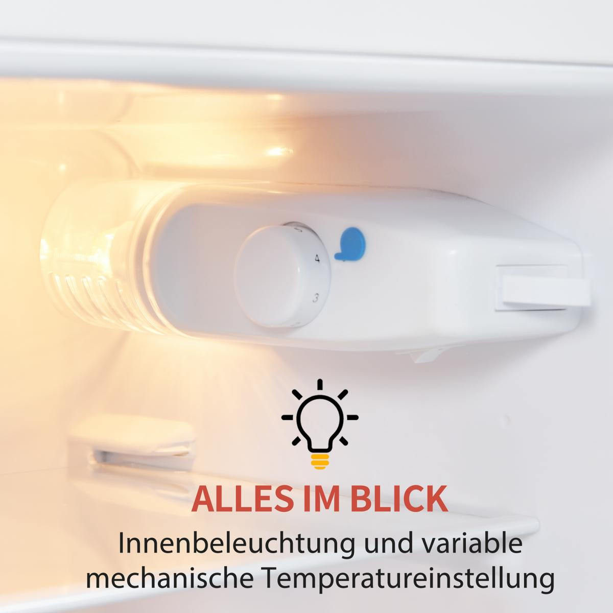 Innenansicht eines Kühlschranks mit Licht und Temperatureinstellung.