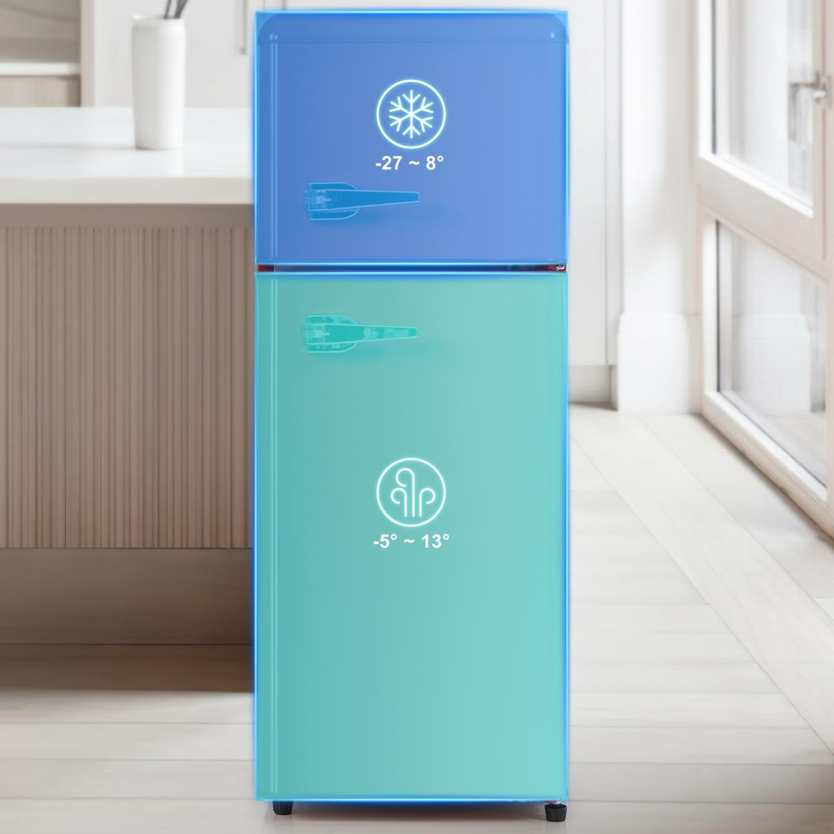 Ein zweifarbiger Kühlschrank mit blauer und türkiser Tür. Zeigt Symbole und Temperaturen an.