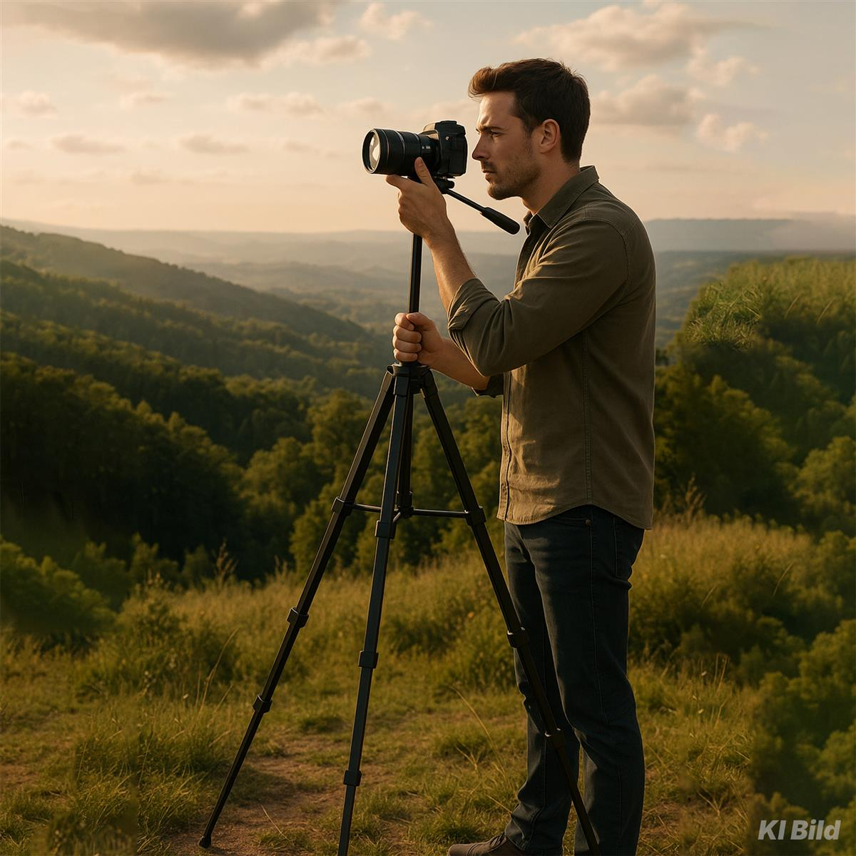 Ein Mann fotografiert mit einer Kamera auf einem Stativ in einer hügeligen Landschaft.