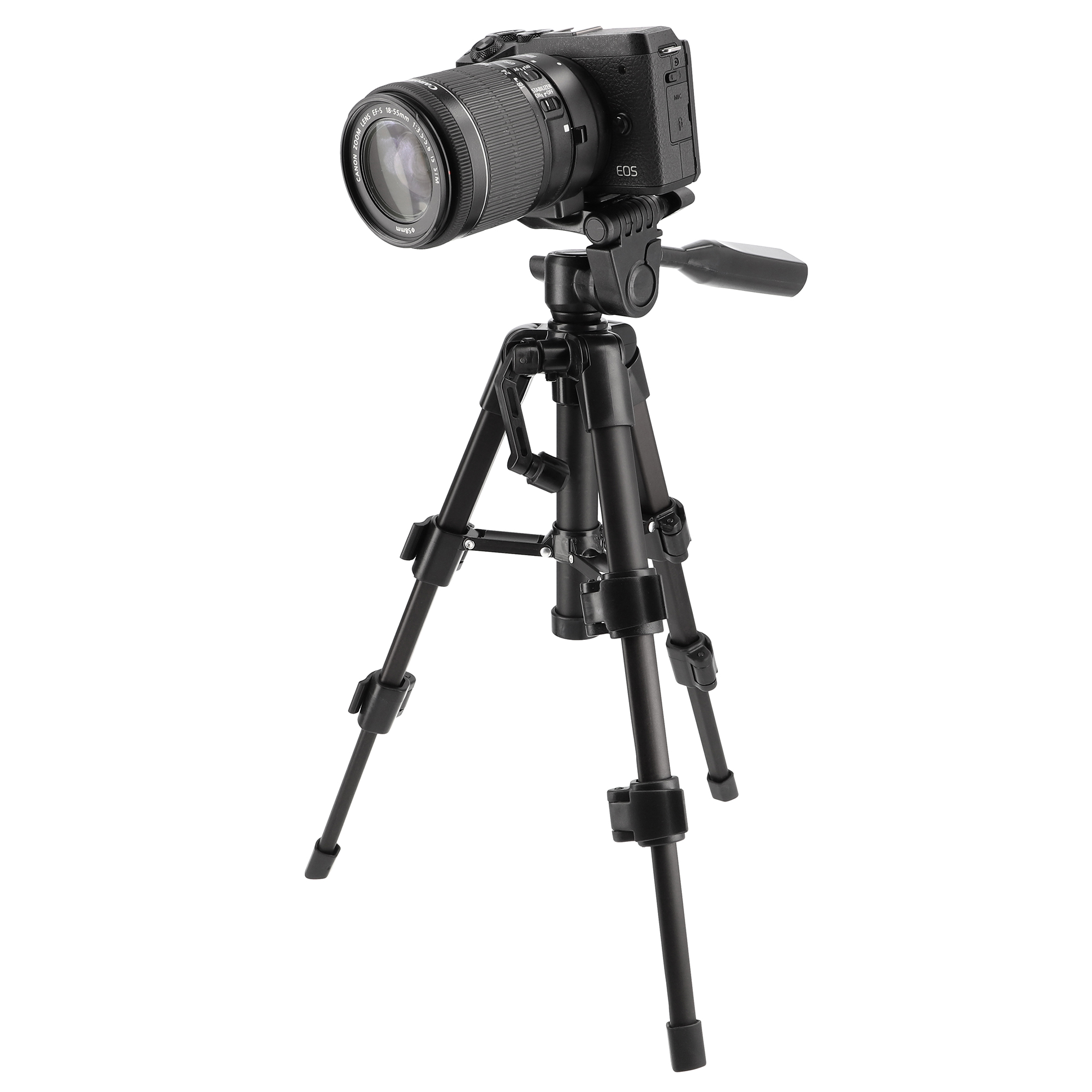 Eine schwarze Digitalkamera mit Objektiv auf einem schwarzen Stativ.