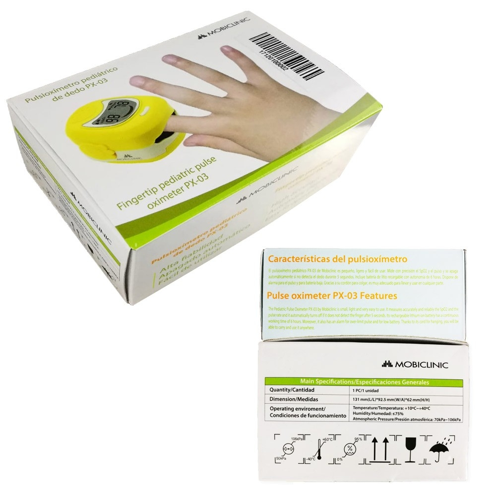 Caja de un oxímetro de pulso de dedo amarillo con texto en español e inglés.