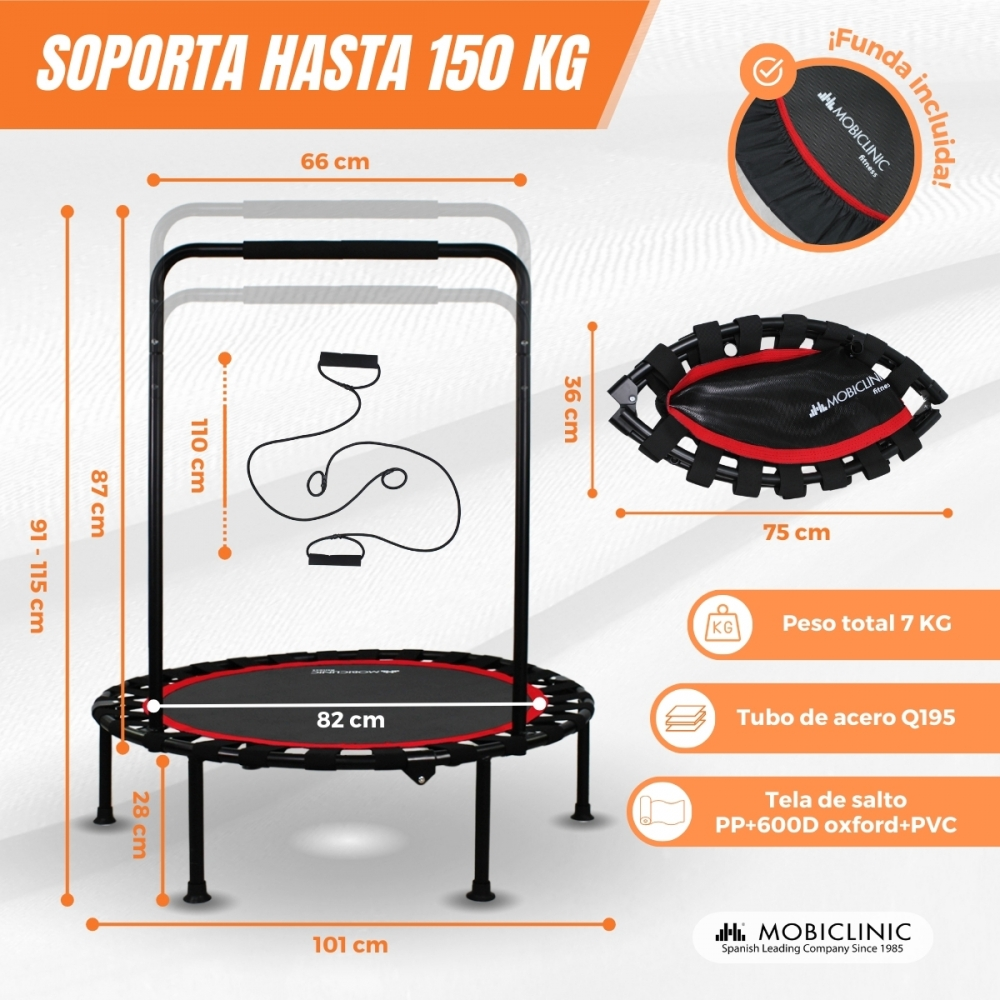 Un trampolín negro con asa y cuerda, se muestran las medidas.