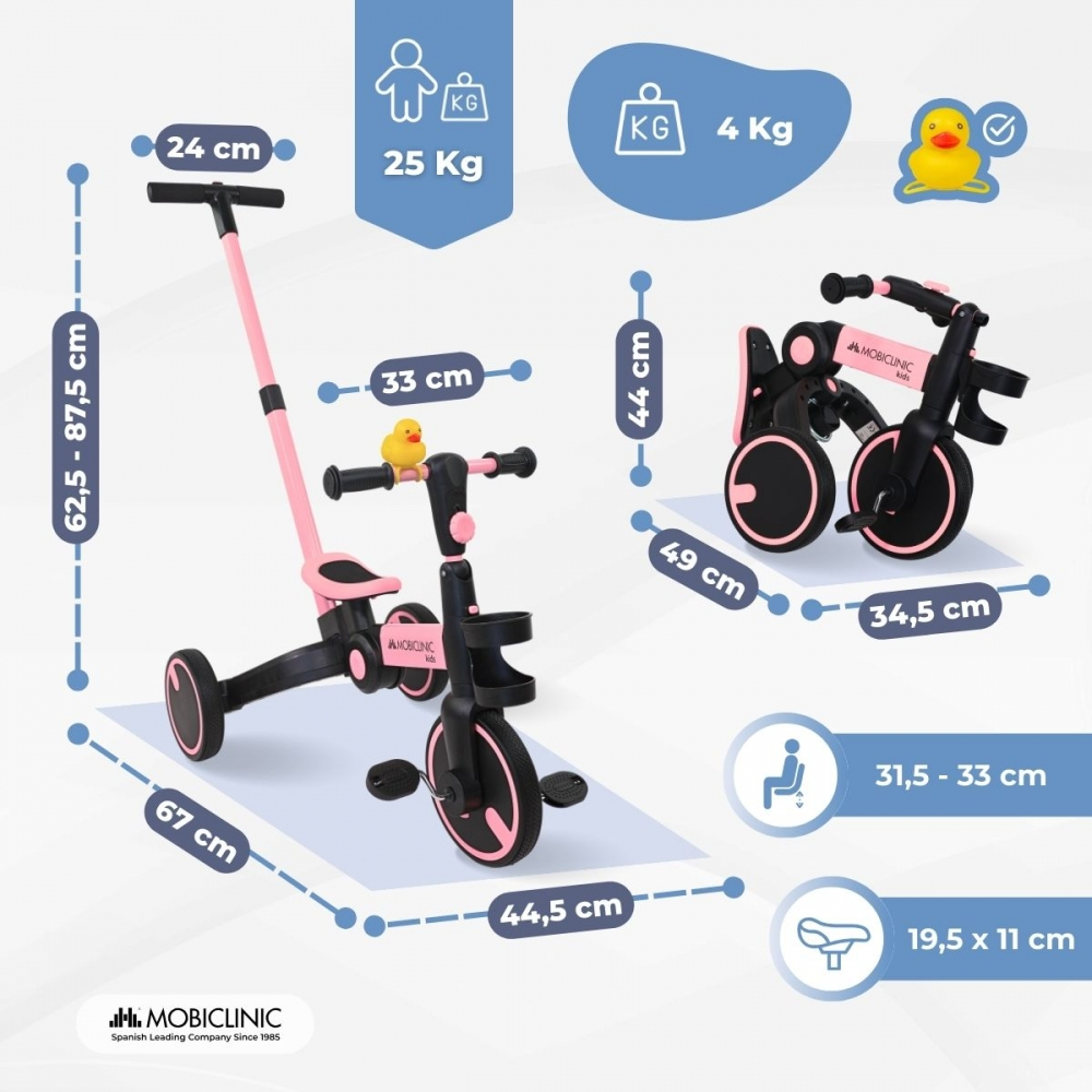 Triciclo rosa y negro con dimensiones y detalles de peso.