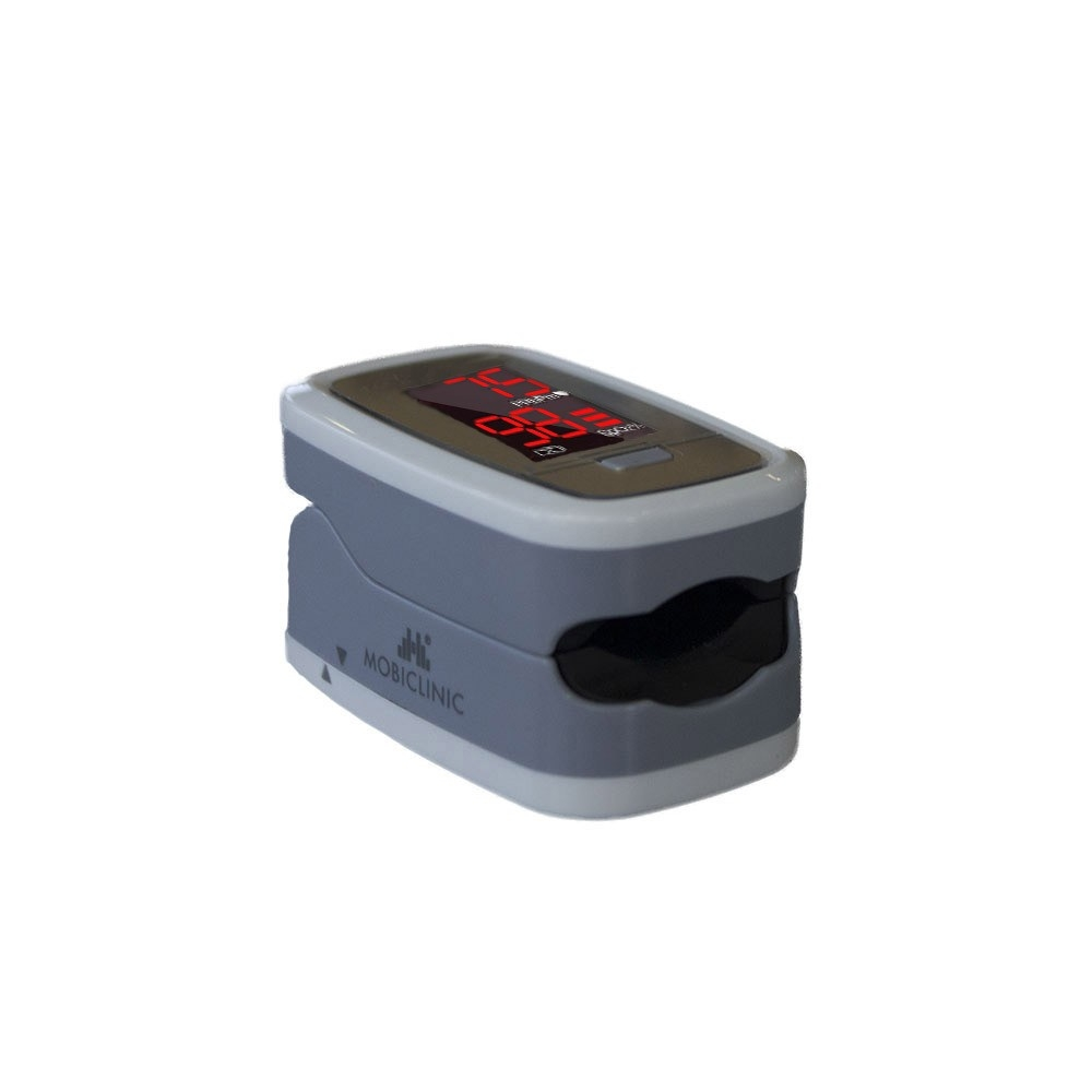 Un oxímetro de pulso gris con pantalla digital roja que muestra 99% y 75.