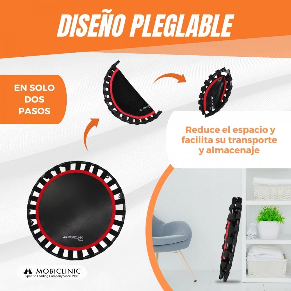 Se muestra un trampolín plegable, fácil de transportar y guardar.