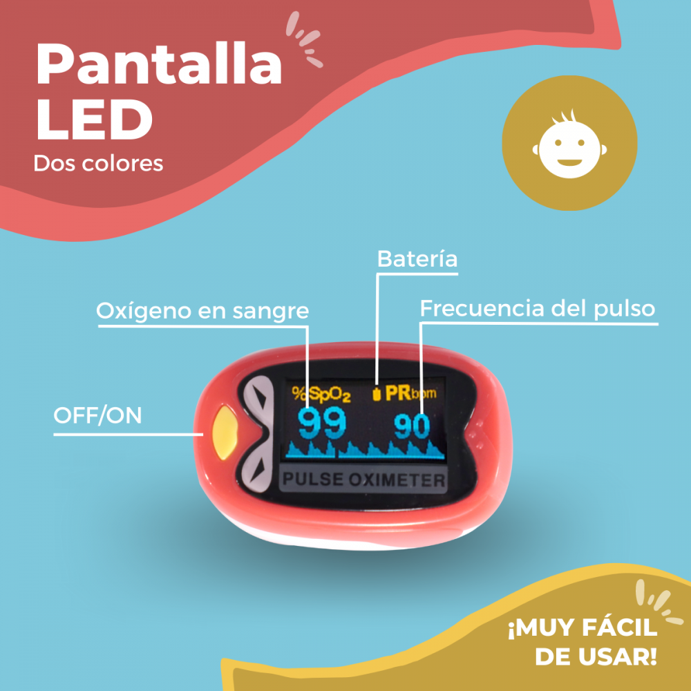 Un oxímetro de pulso rojo con pantalla LED muestra oxígeno en sangre y pulso.