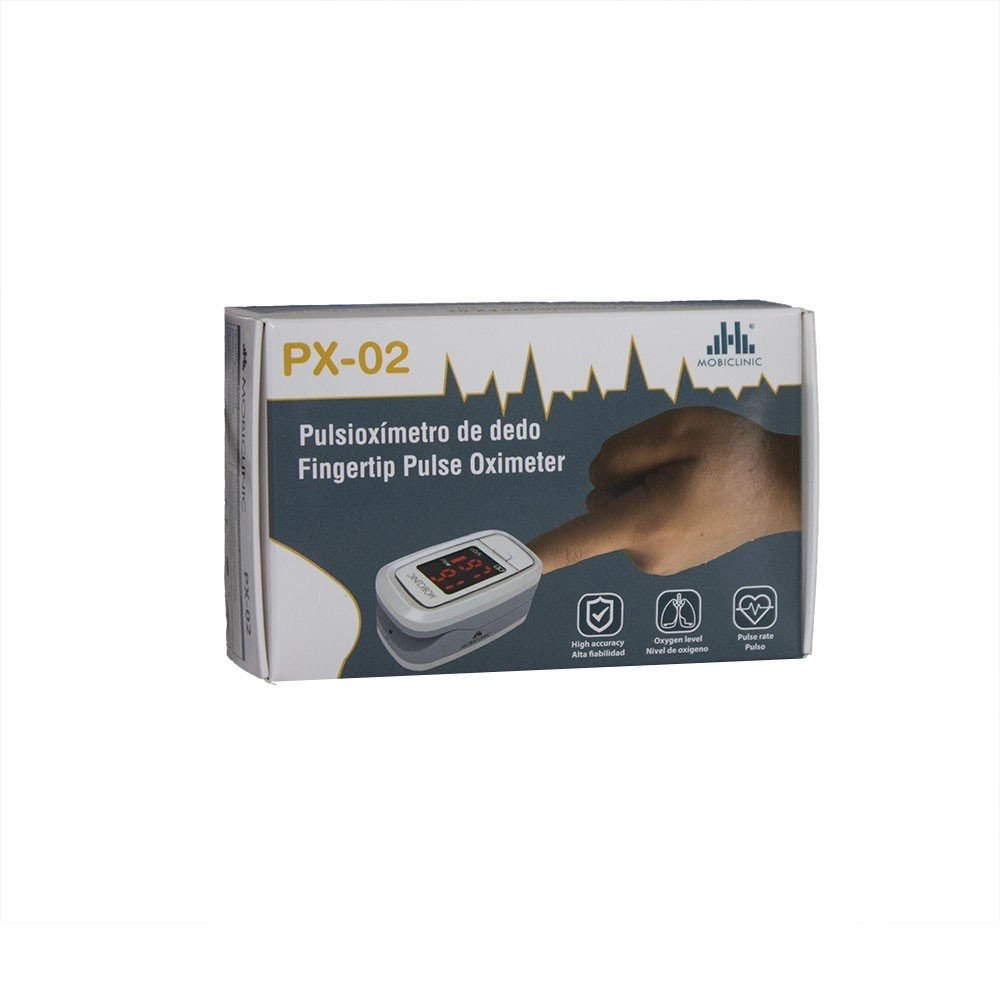Embalaje de un oxímetro de pulso de dedo modelo PX-02 con imagen de un dedo.