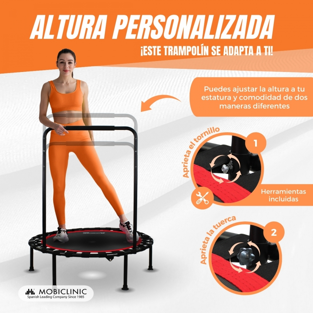 Mujer en un trampolín con asas. Se muestra el ajuste de altura.