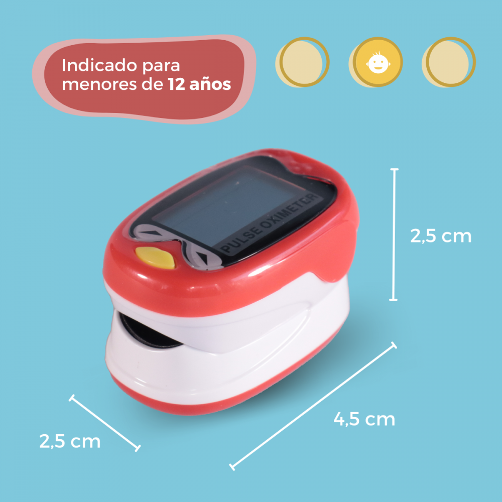Un oxímetro de pulso rojo y blanco mide 4,5 x 2,5 cm.
