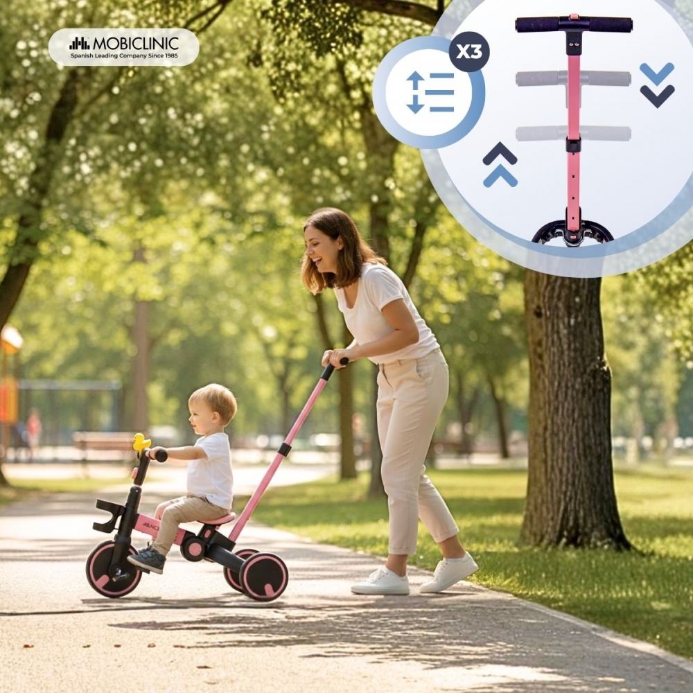 Mujer empuja triciclo rosa con niño en parque. Gráfico muestra ajustes.