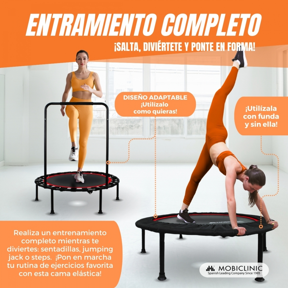 Mujeres entrenan en trampolines redondos; una de pie, la otra en pose de puente.