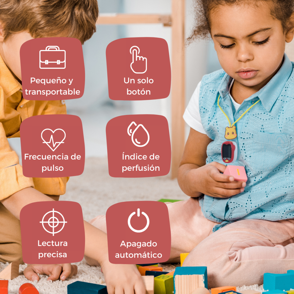 Niños con dispositivo médico, características: compacto, un botón, pulso, perfusión, apagado.