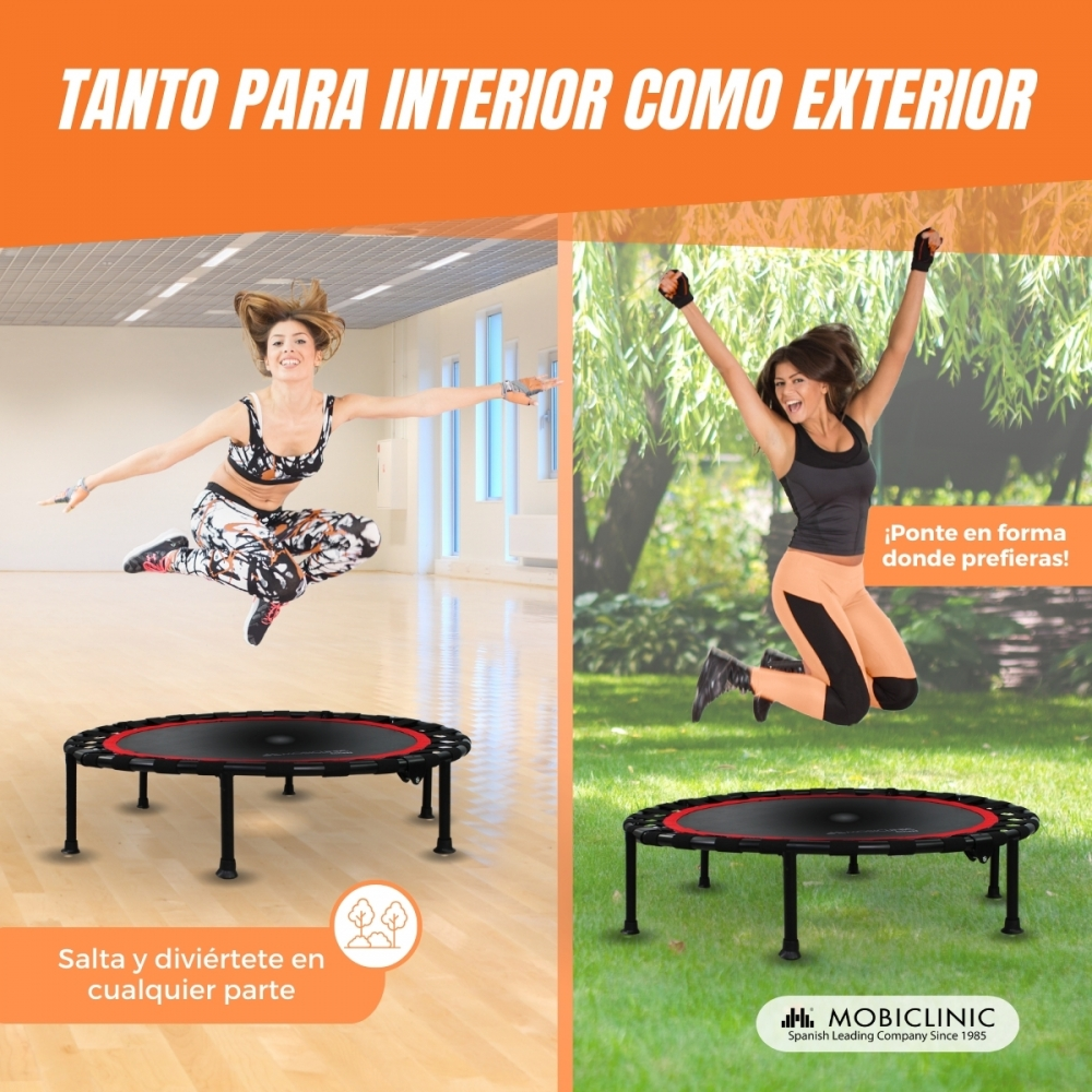 Mujer saltando en trampolín en interior y exterior. Para uso interior y exterior.