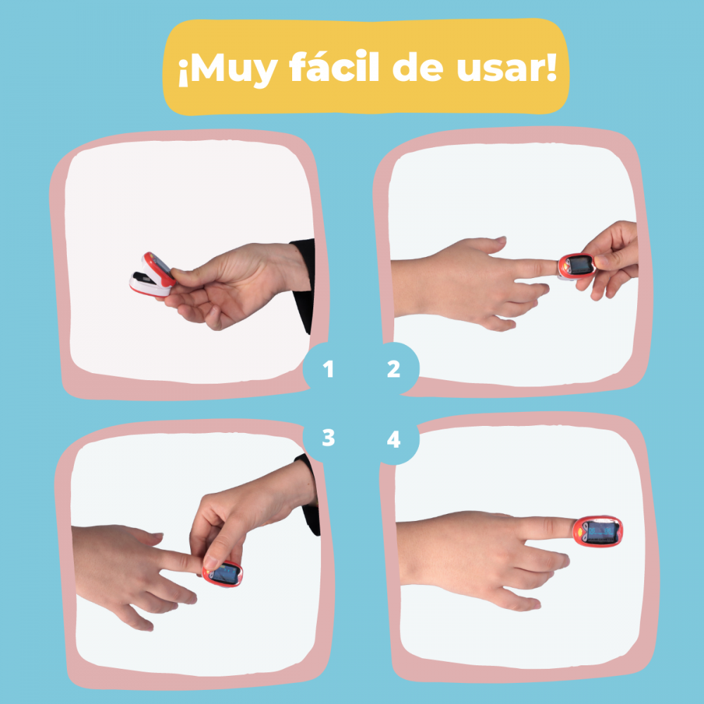 Instrucciones de cuatro pasos para usar un oxímetro de pulso en un dedo.