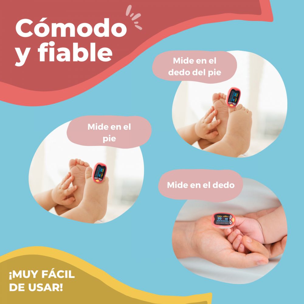 Pulsioxímetro en pie y dedo de bebé. Fácil de usar.