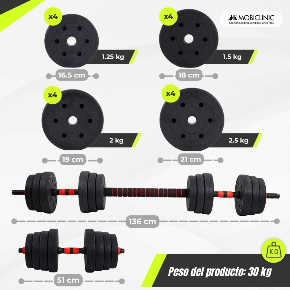 Cuatro discos de peso (1,25 kg, 1,5 kg, 2 kg, 2,5 kg). Barra y mancuernas.