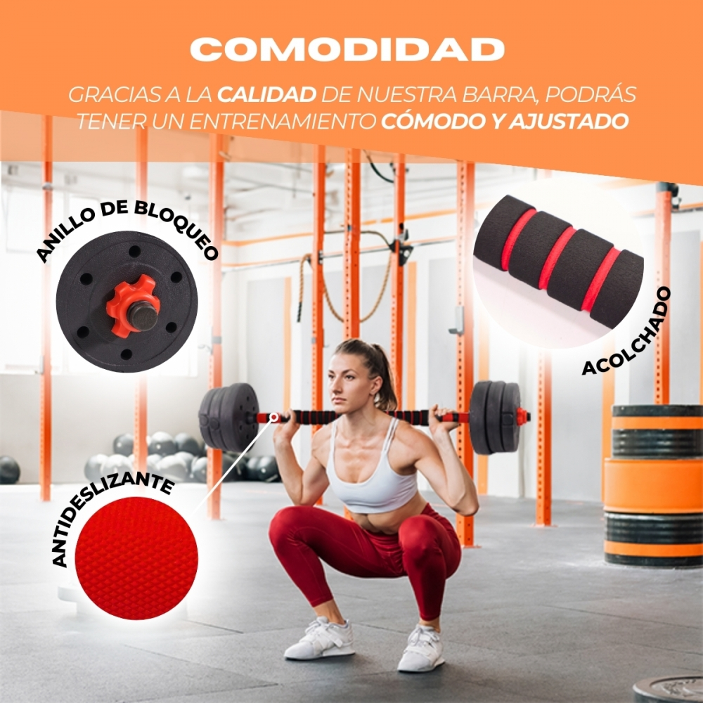 Una mujer hace sentadillas con barra en un gimnasio. Primeros planos muestran componentes de la barra.