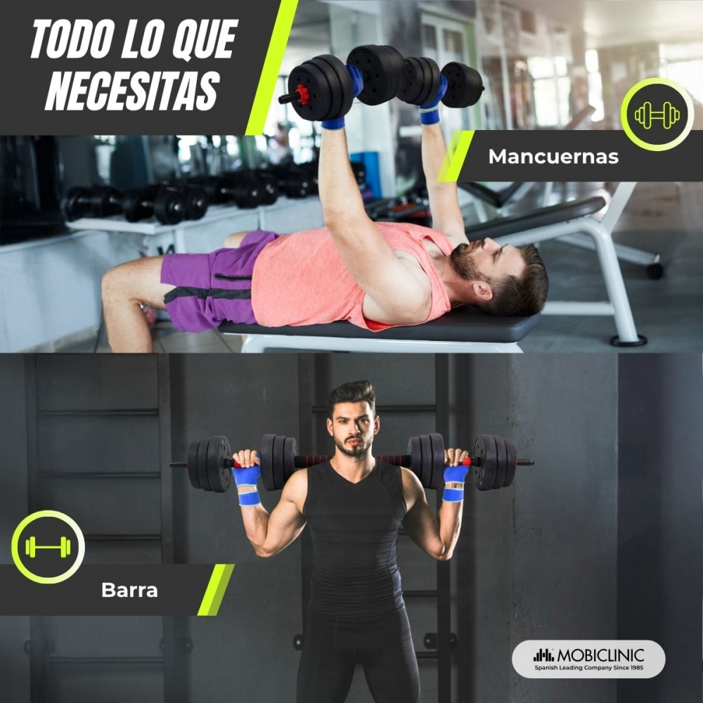 Hombre hace press de banca con mancuernas, hombre levanta barra.