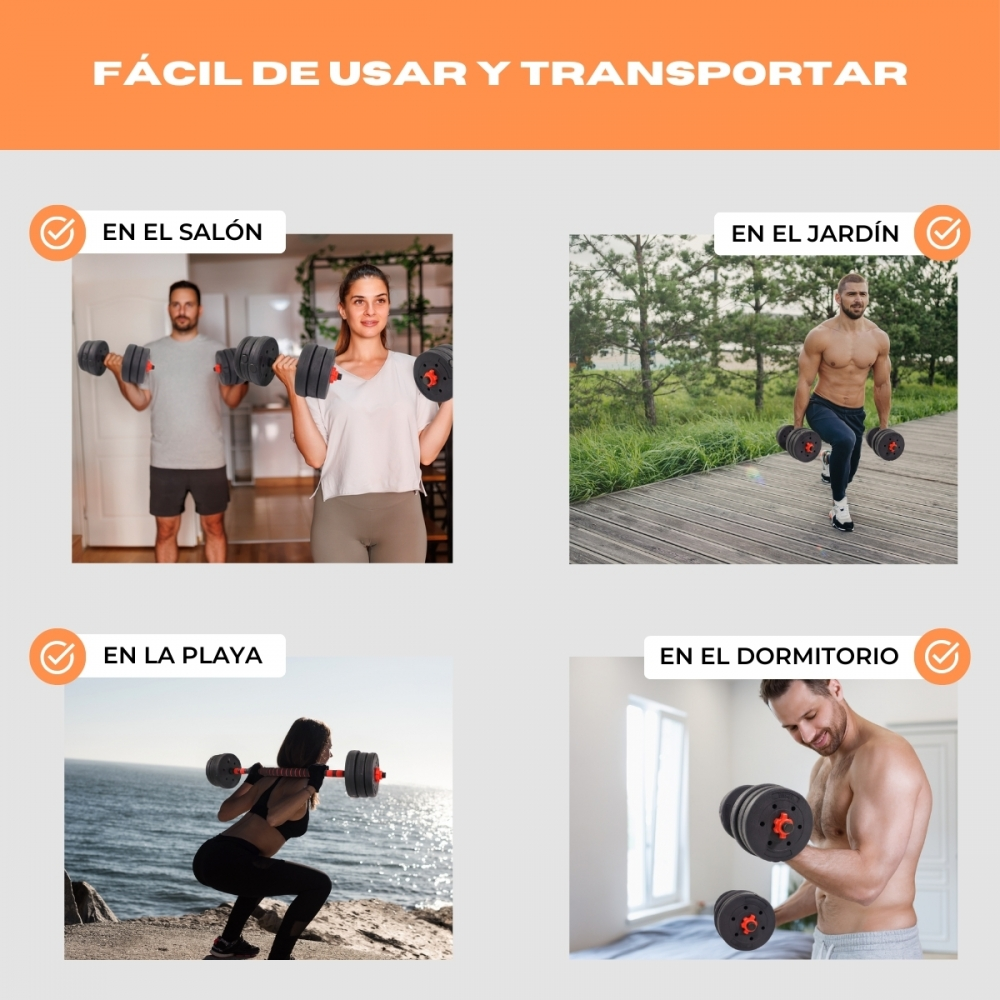 Cuatro escenas: Pareja en sala, hombre en jardín, mujer en playa, hombre en dormitorio.